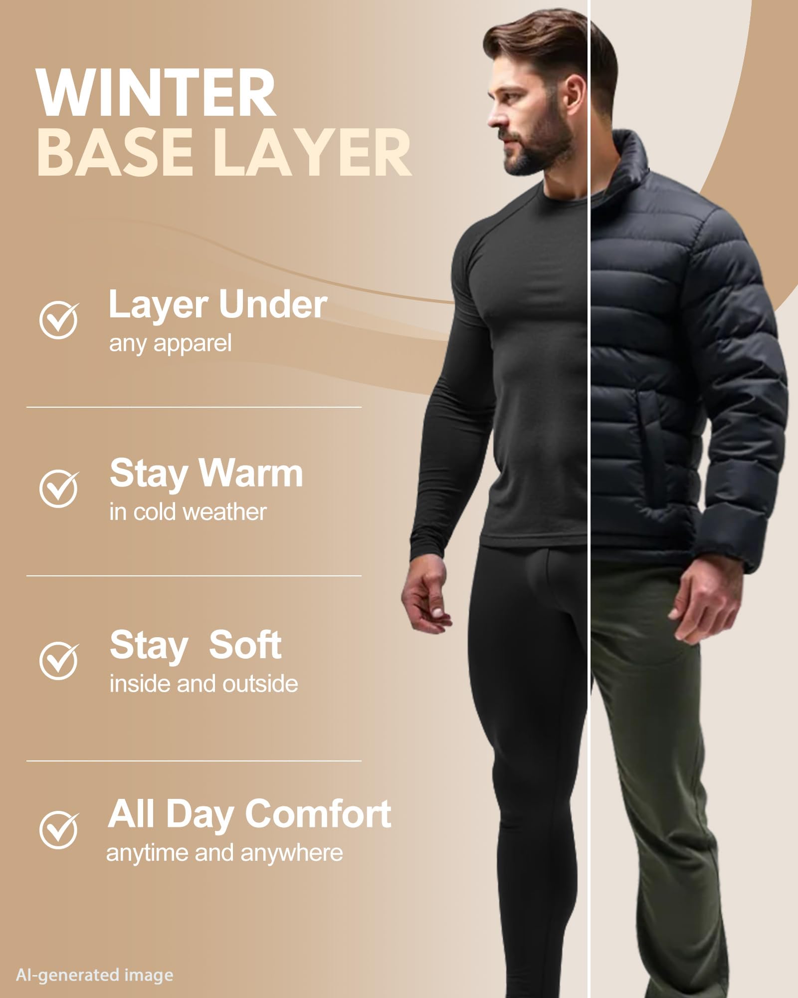 sous-vêtements Thermiques pour Hommes, sous-vêtements Fonctionnels thermoactifs Respirants, sous-vêtements de Ski en Polaire intérieure, Ensemble de sous-vêtements Thermiques Doux