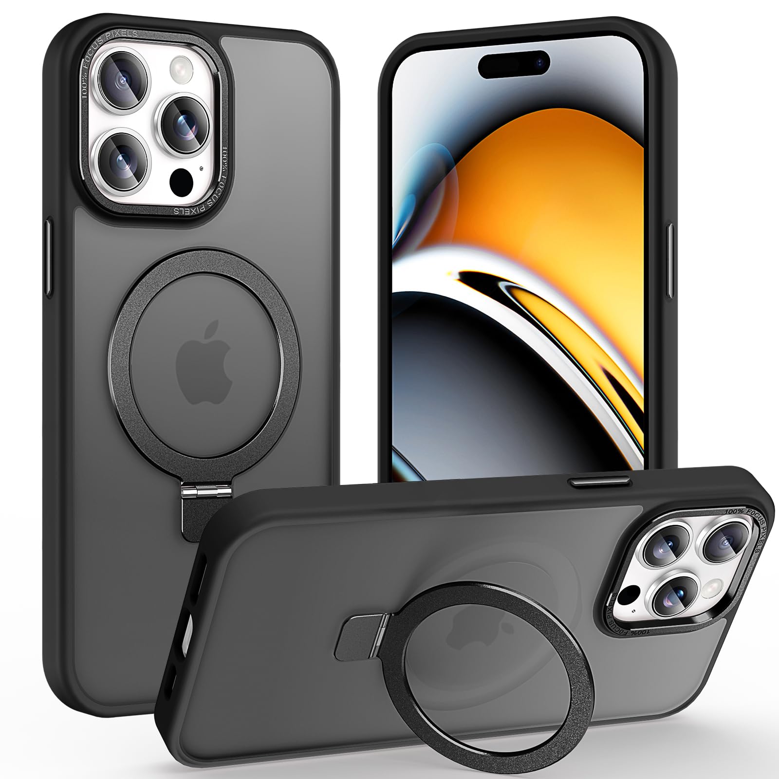 Lufanbis Magnetic for iPhone 15 Pro Max Case with Ring Stand, [10 FT Drop Protection] [Velvety Touch] Slim Translucent Matte Back Shockproof Phone