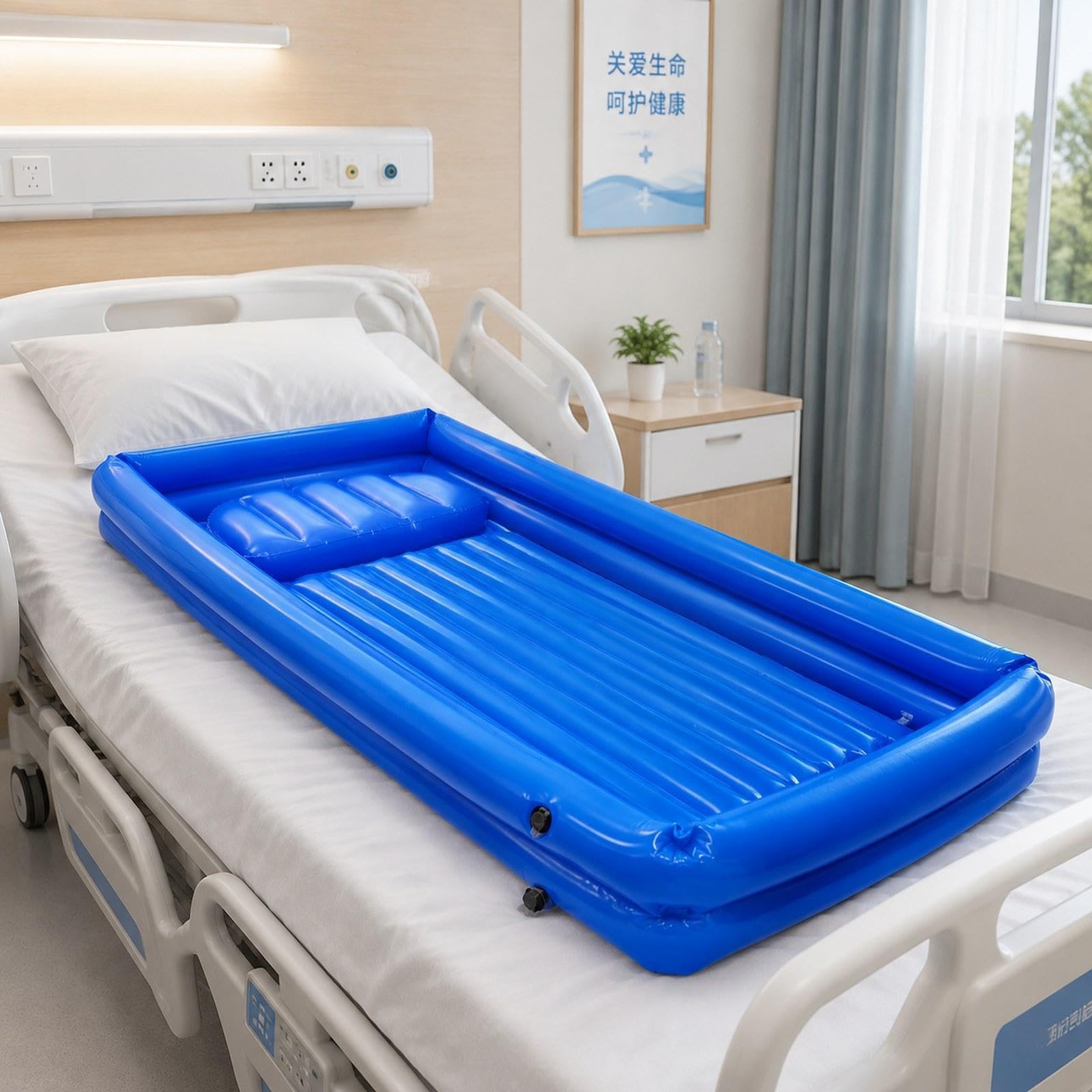 Bañera Inflable Portátil con Colchón para Cama Y Pacientes Ancianos, Equipada con Lavabo para Champú, Soporte para Cabezal Y Estructura de PVC, Azul