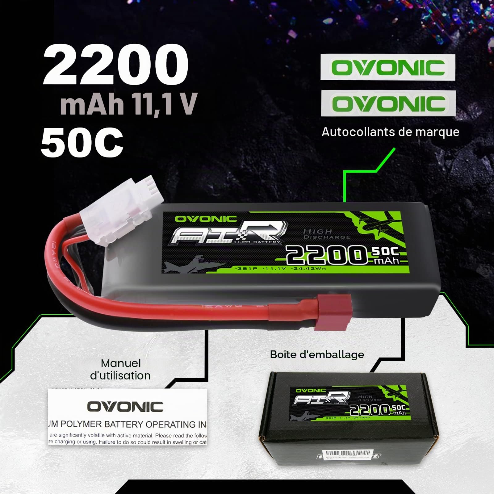 OVONIC 3s Lipo Batterie 11.1V 2200mAh 50C avec Deans T Connecteur pour RC Evader BX Voiture RC Camion RC Truggy RC Avion UAV Drone FPV