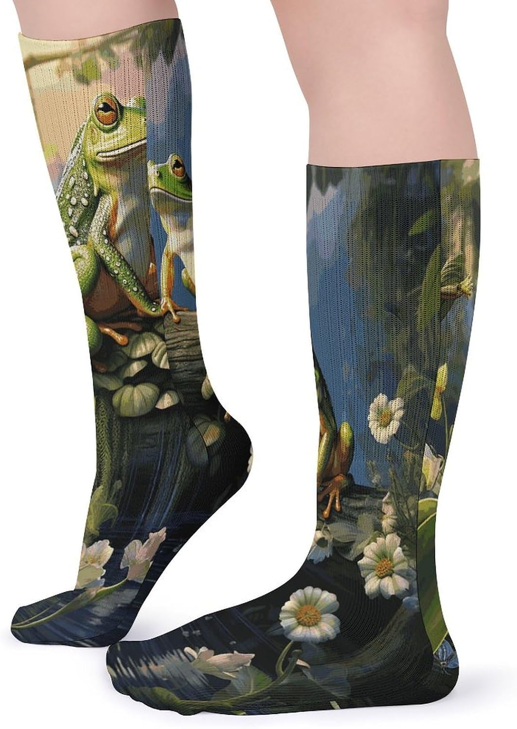 Many Frogs Sing on The Branches Summer Butterflies Lake Water Knee High Socks Cozy Knee High Socks Soft Mid-Length Sock for All Seasons Daily Wear Adult