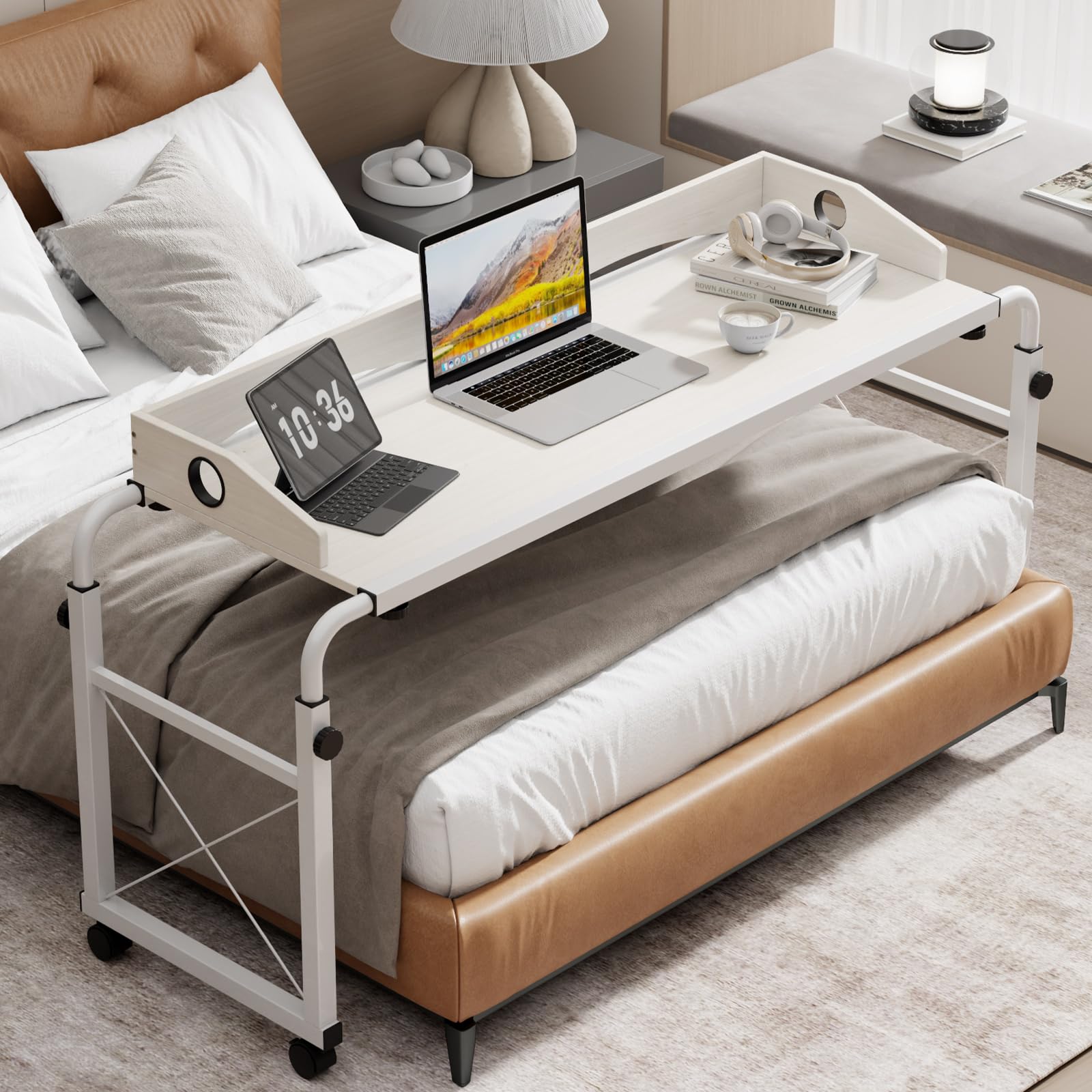 BYMECOST Laptop Desk for Bed, Adjustable Height & Length Laptop Bed Table,Overbed Table with Wheels for Queen Size Beds,Rolling Standing Desk,Over Bed