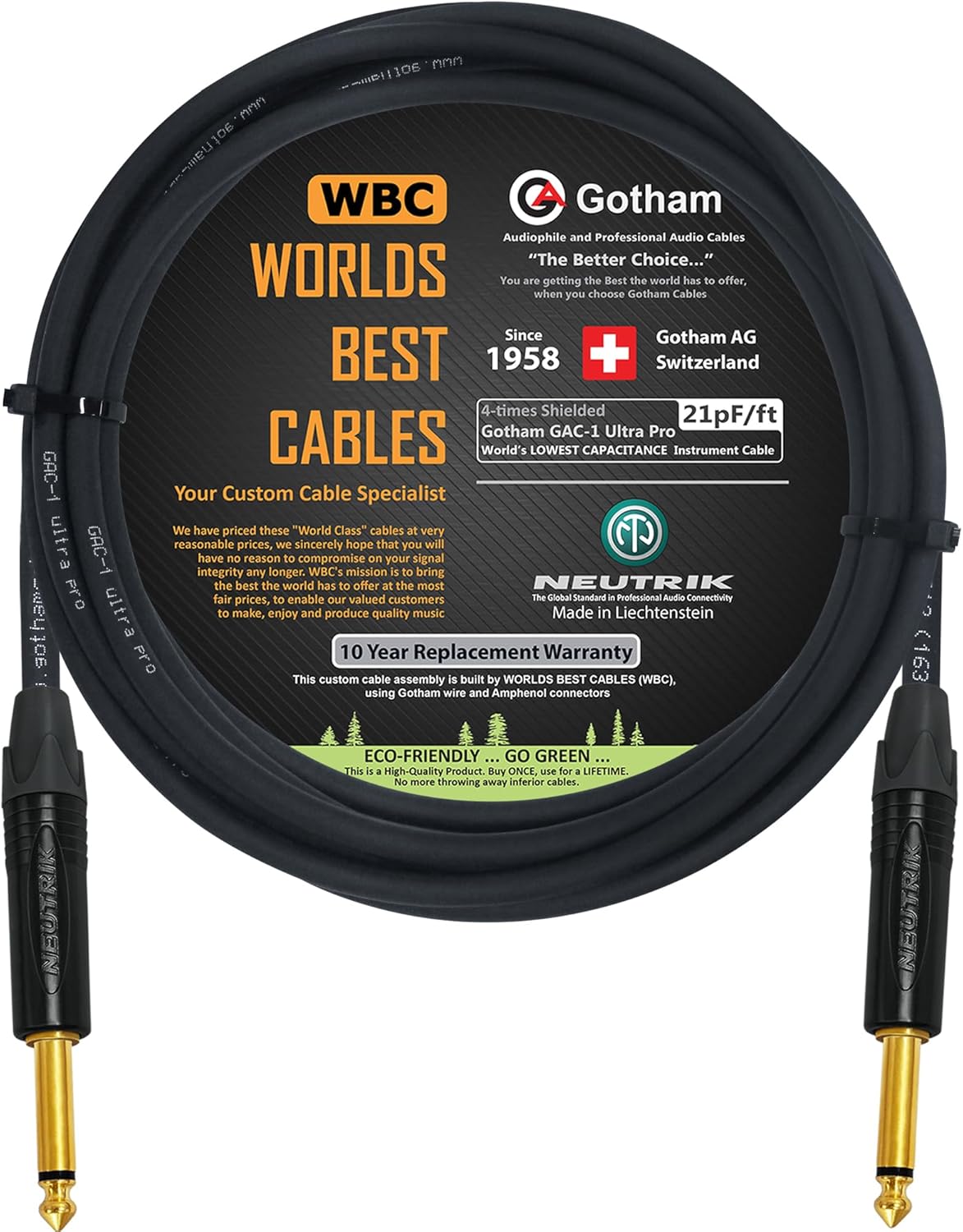 WORLDS BEST CABLES 10 Foot - Gotham GAC-1 Ultra Pro - Premium Low-Cap (21 pf/F) Guitar Bass Instrument Cable – w/Neutrik Gold Straight to Straight ¼ inch (6.35mm) TS Connectors - Custom Made