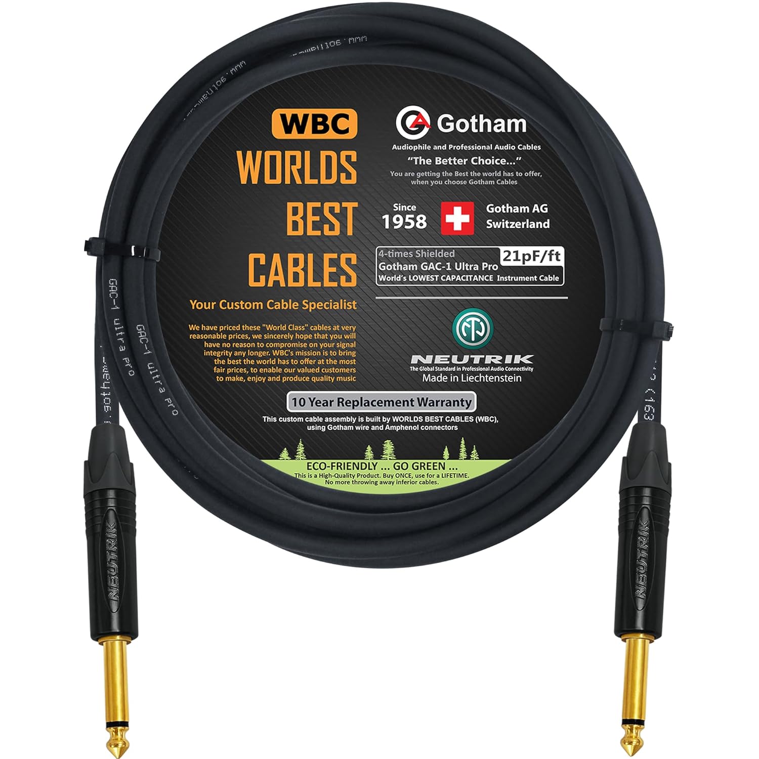WORLDS BEST CABLES 12 Foot - Gotham GAC-1 Ultra Pro - Premium Low-Cap (21 pf/F) Guitar Bass Instrument Cable – w/Neutrik Gold Straight to Straight ¼ inch (6.35mm) TS Connectors - Custom Made