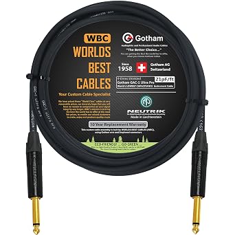 WORLDS BEST CABLES 12 Foot - Gotham GAC-1 Ultra Pro - Premium Low-Cap (21 pf/F) Guitar Bass Instrument Cable w/Neutrik Gold Straight to Straight 14 inch (6.35mm) TS Connectors - Custom Made
