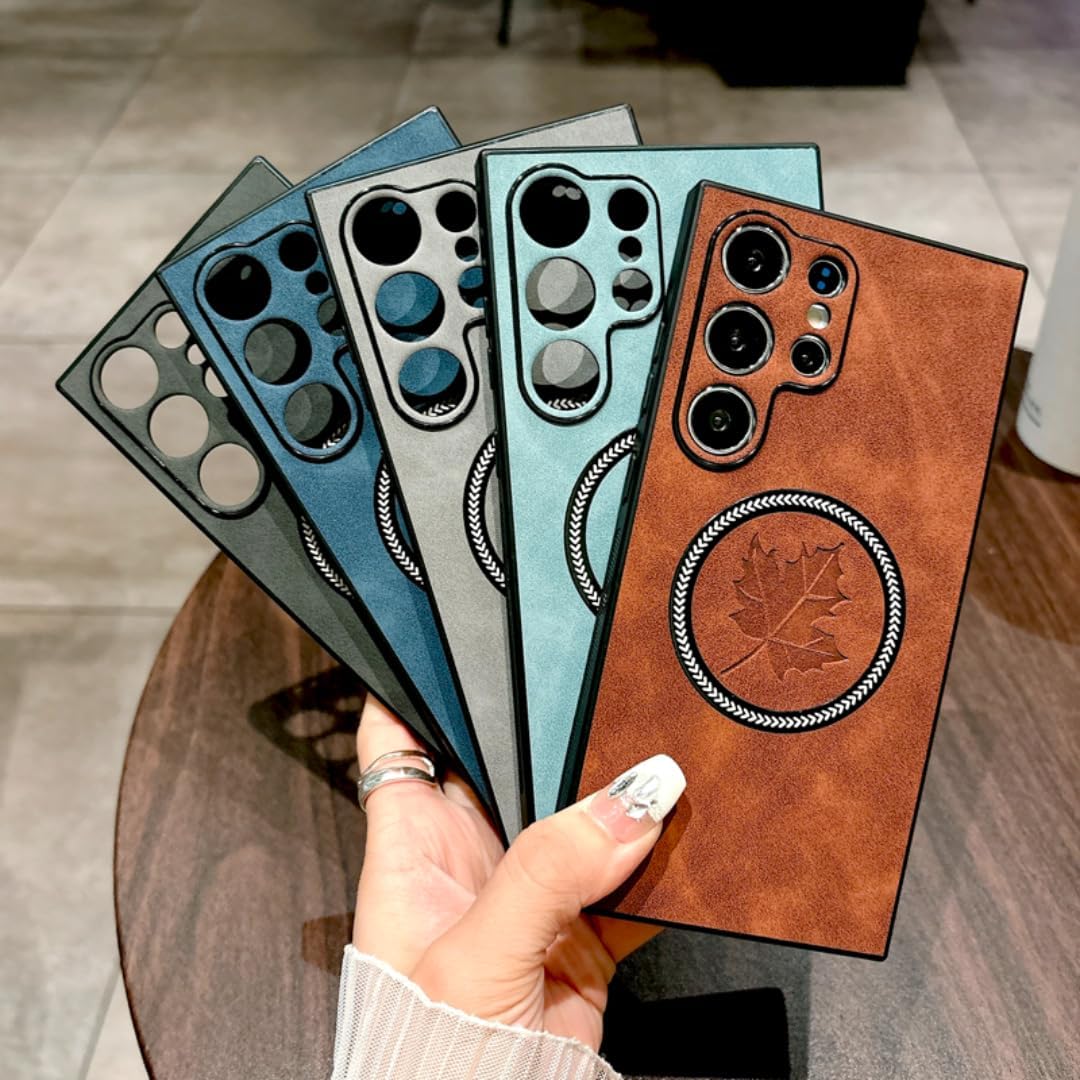 Samsung S22 Ultra用レトロレザーケース マグネット式カバー(Samsung S22 Ultra用/ライトグレー)