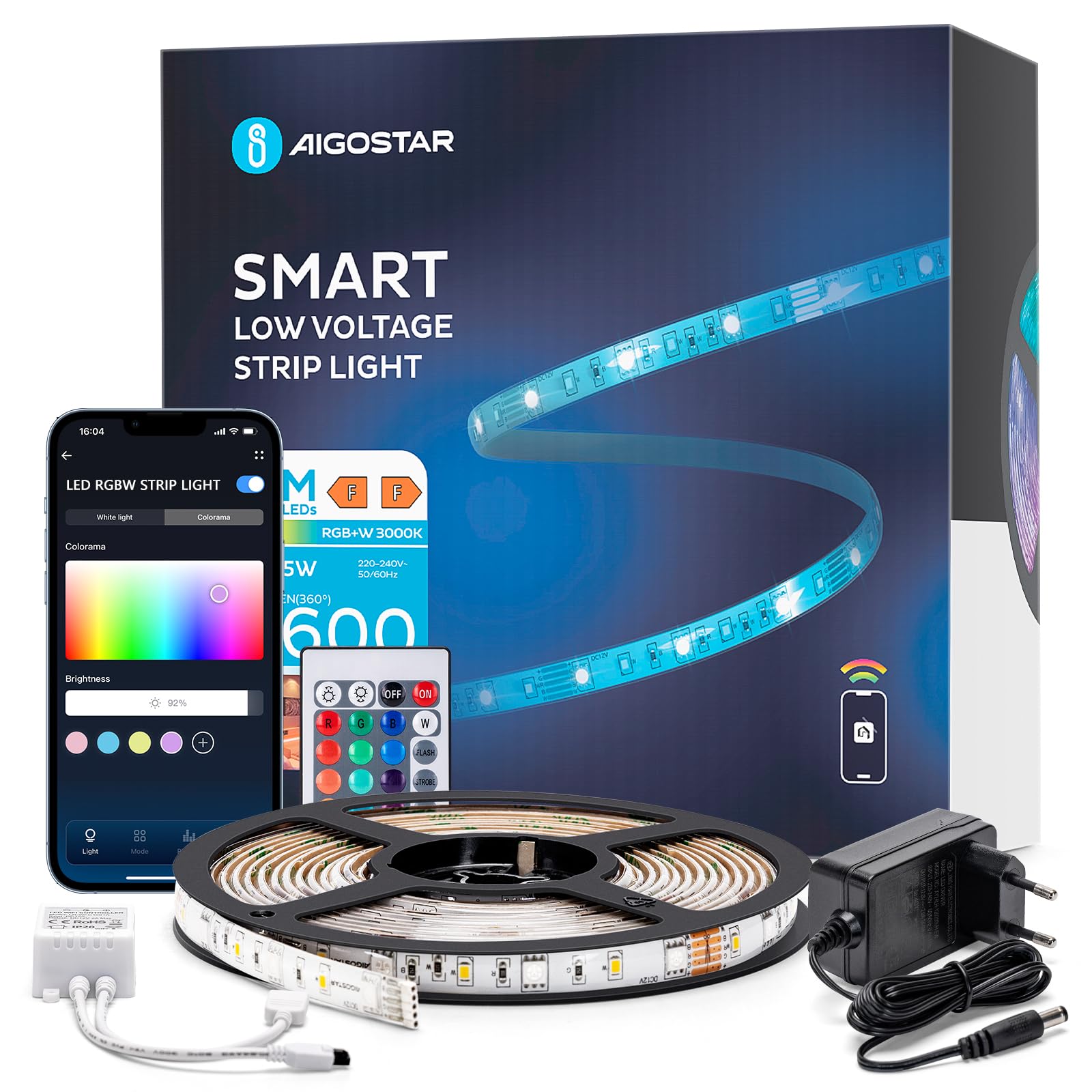 Aigostar Tiras LED 5m Impermeable WiFi Luces Inteligentes RGBW 3000K luz calida, Controlas con App y IR Control Remoto. Compatible con Alexa, Google Assistant.