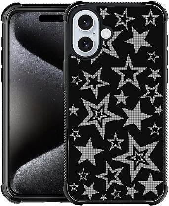 CARLOCA Compatible with iPhone 16 Case, Black White Star Pattern for Girl Ultra Protection Shockproof Soft Silicone TPU Non-Slip Back