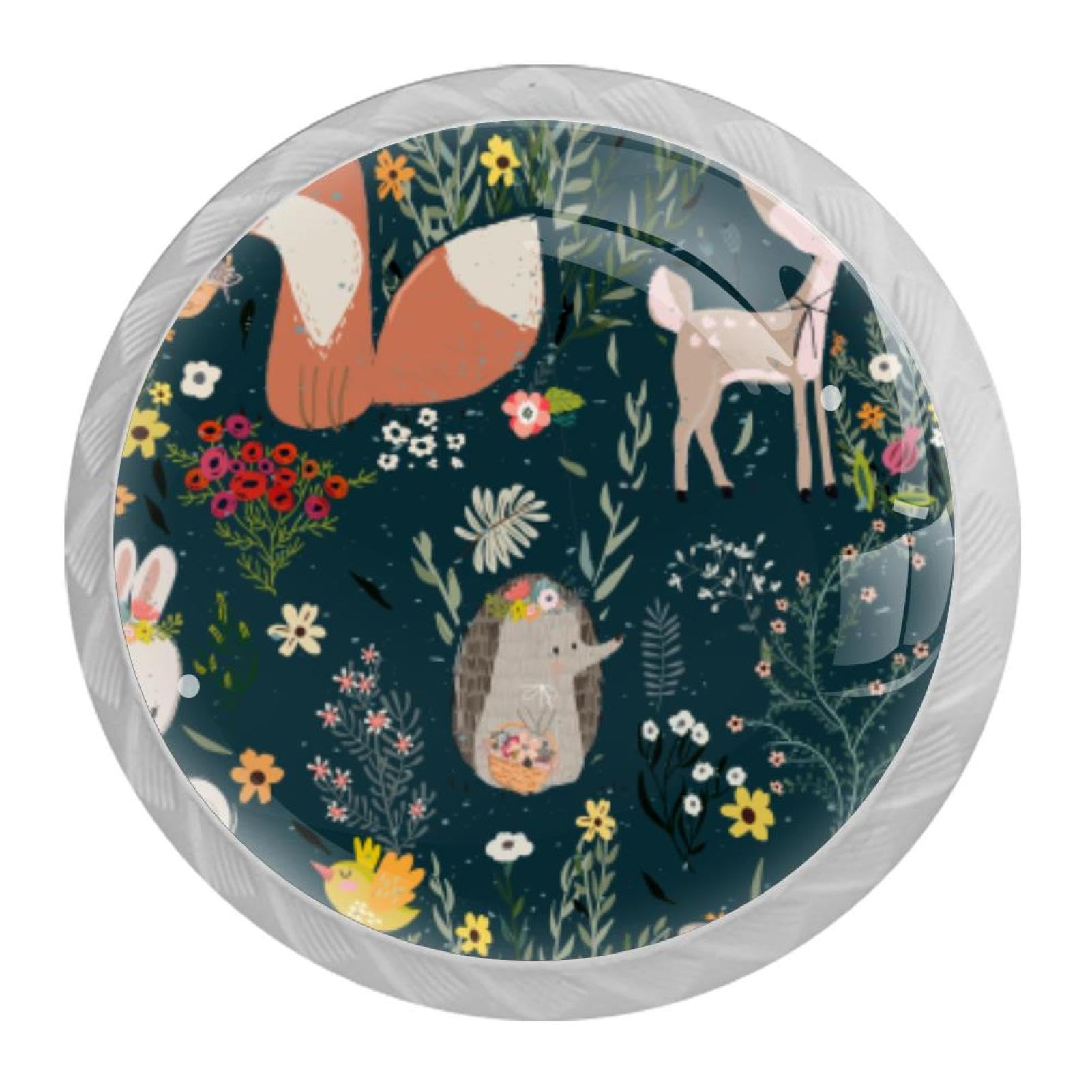 Tqmspg 4 Pieces Drawer Pulls Cute Hedgehog Deer Fox Floral Patterns Door Knobs Dresser Handles for Kitchen Wardrobe Cupboard Hardware Furniture