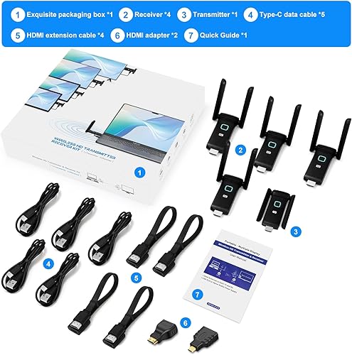 Miniatura 7 de Receptores y transmisor HDMI 4 inalámbricos, hasta 6 RX, sin calor, extensor Plug and Play, 165FT/50M, 2.4/5G Expansión simultánea inalámbrica para