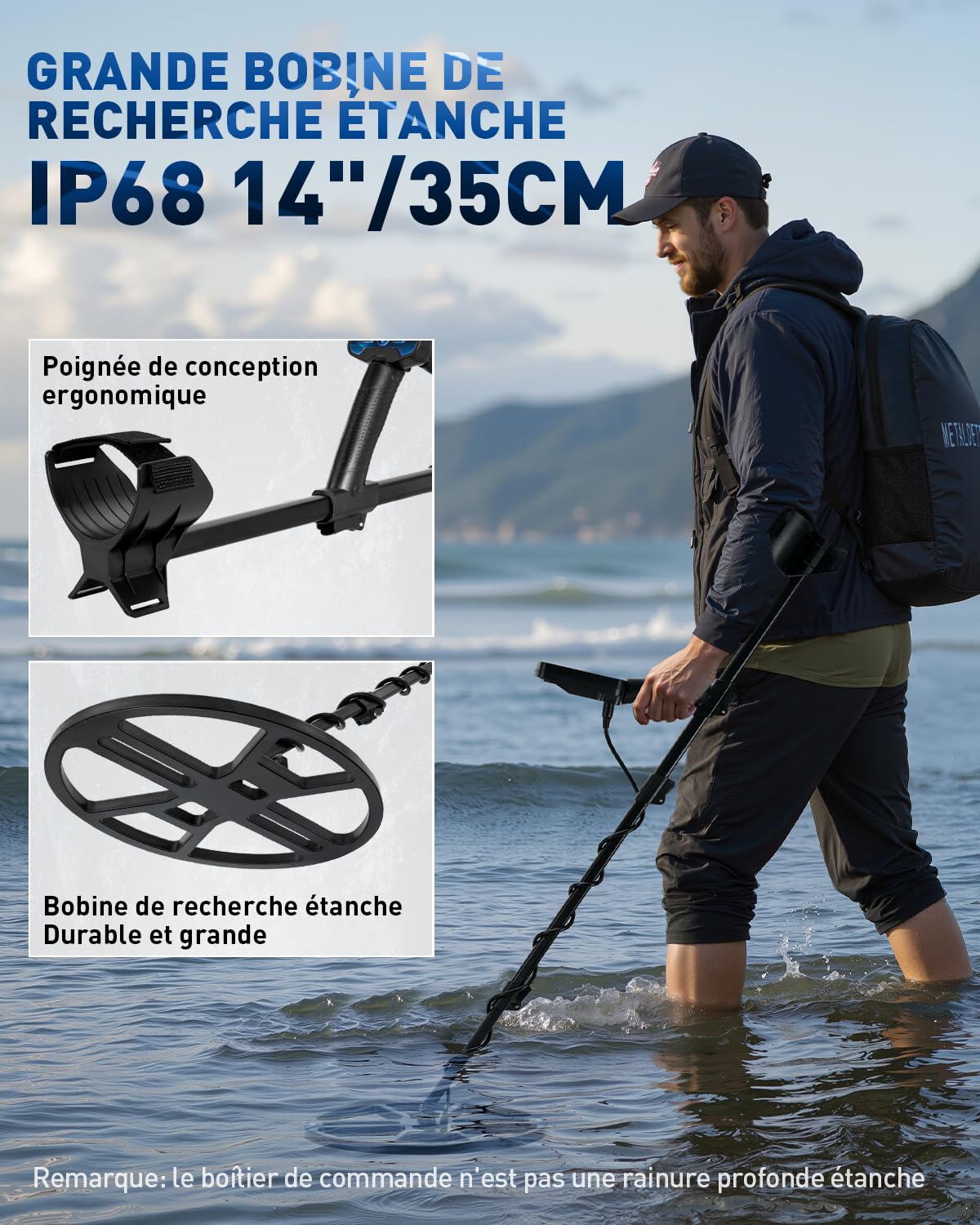 Hazlewolke Détecteur de Métaux Professionnel, Bobine de Recherche DD étanche 14'', Détecteur de Métaux avec Mode de localisation, Profondeur de Recherche de 33 cm, 4 Modes