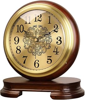 Desk Clock Tabletop Seat Solid Wood Brass Chinese Style Vintage Clock Home Decoration for Living Room Bedroom Kitchen