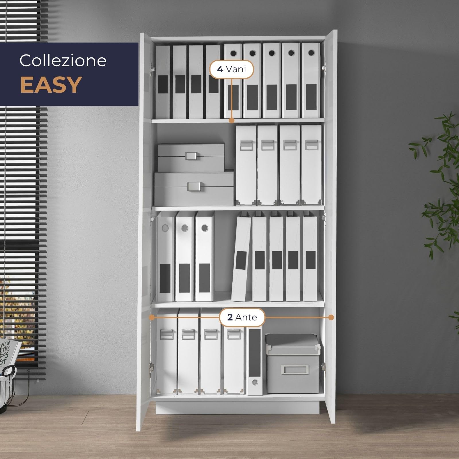 WHOUS Armadio Multiuso EASY per Ufficio, Studio o Camera con 2 Ante e 4 Vani, 79,20x38x166 cm, Bianco Lucido