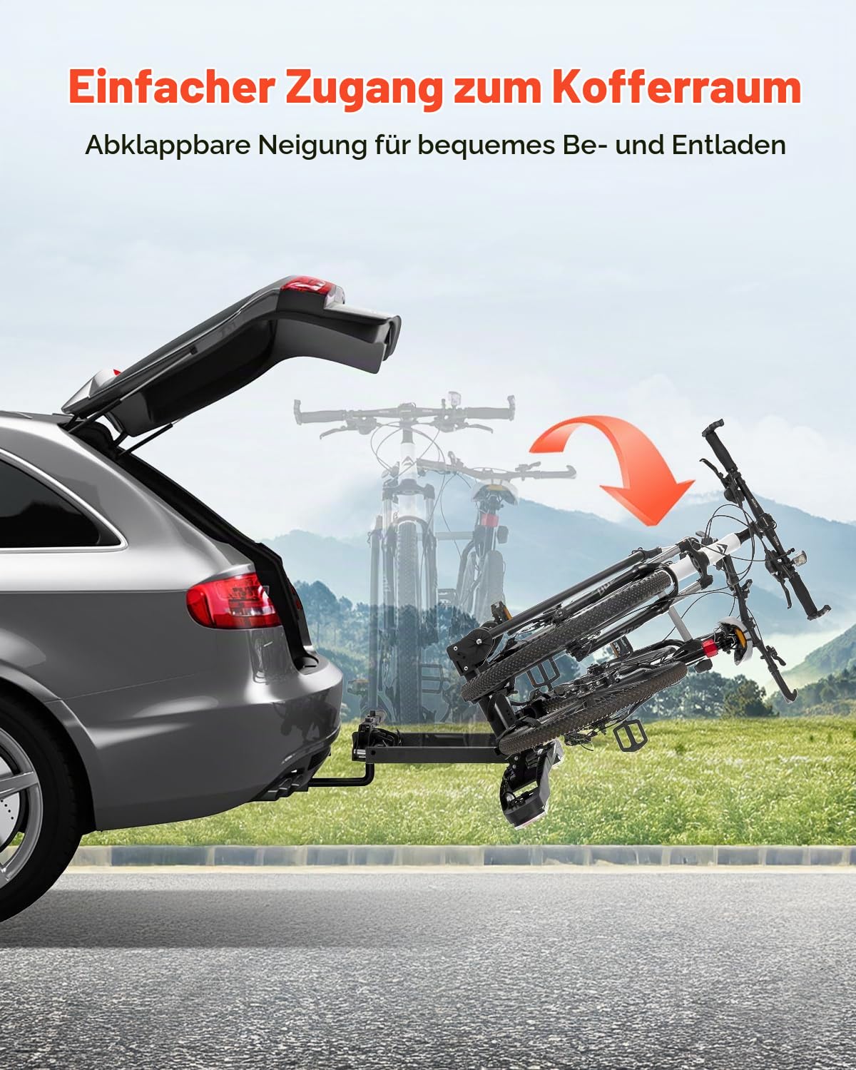 VEVOR Faltbarer Fahrradträger Kupplungs-Fahrradträger passend für 5 cm Aufnahme, Heckträger Radträger für 2 Fahrräder bis 65 kg Tragkraft, abschließbarer Fahrradträger für E-Bikes mit Rücklicht