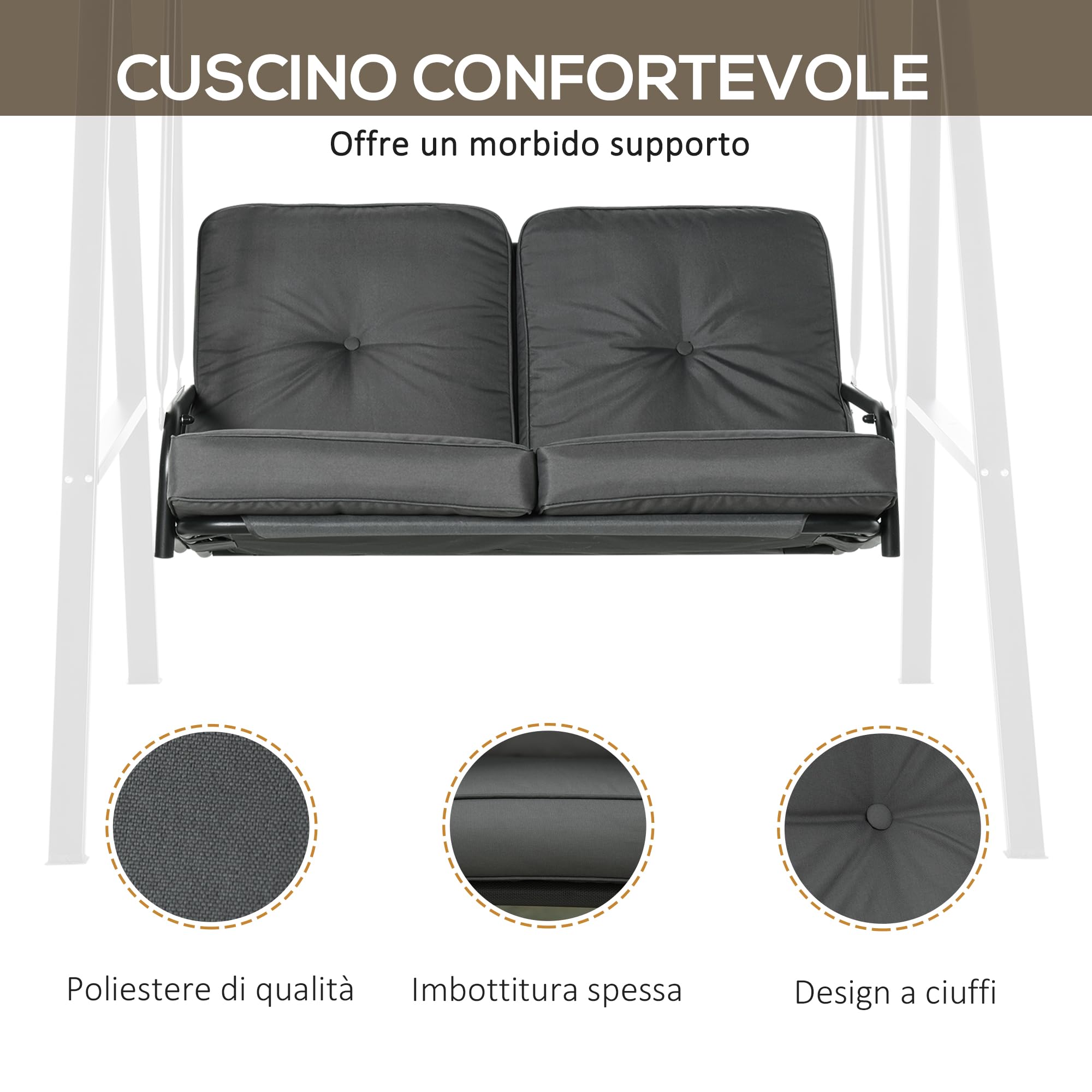Outsunny Dondolo da Giardino 2 Posti con Tettuccio Parasole Regolabile e Cuscini, Dondolo da Esterno con Seduta Traspirante in Poliestere e Acciaio, Portata fino a 220 kg, 144x117x173 cm, Grigio Scuro