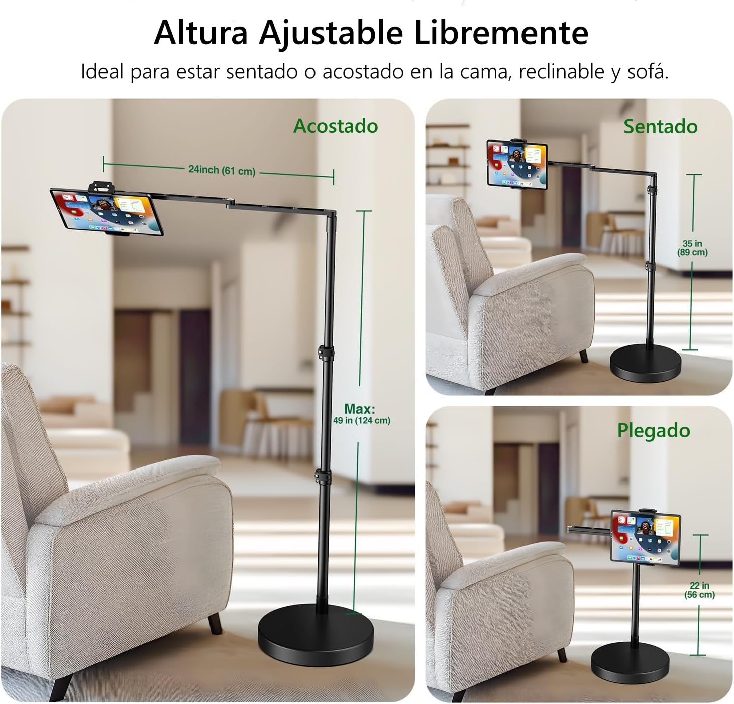 elitehood ALU Soporte de Suelo Ajustable para Tablet con Base Resistente | Soporte suelo tablet de aluminio, brazo horizontal de 24" ajustable, base firme y robusta. Para cama/sofá y compatible iPad