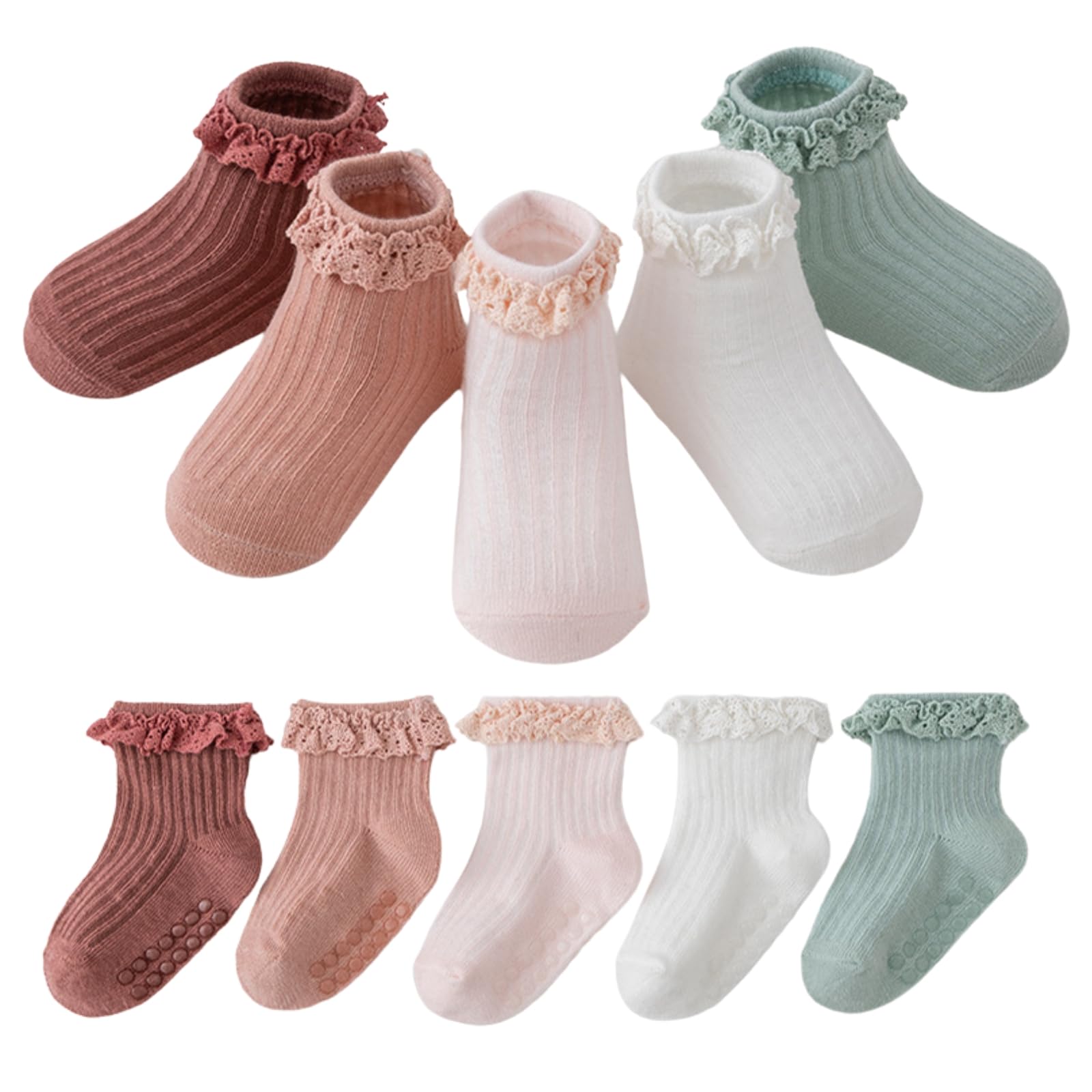 Toddler Socks, Baby Grip Preemie Baby Non Slip Ankle with Non Skid Soles Cute Frilly Ruffle Grip Ankle Socks for Infant Toddler, 5 Pairs-0-3 Years