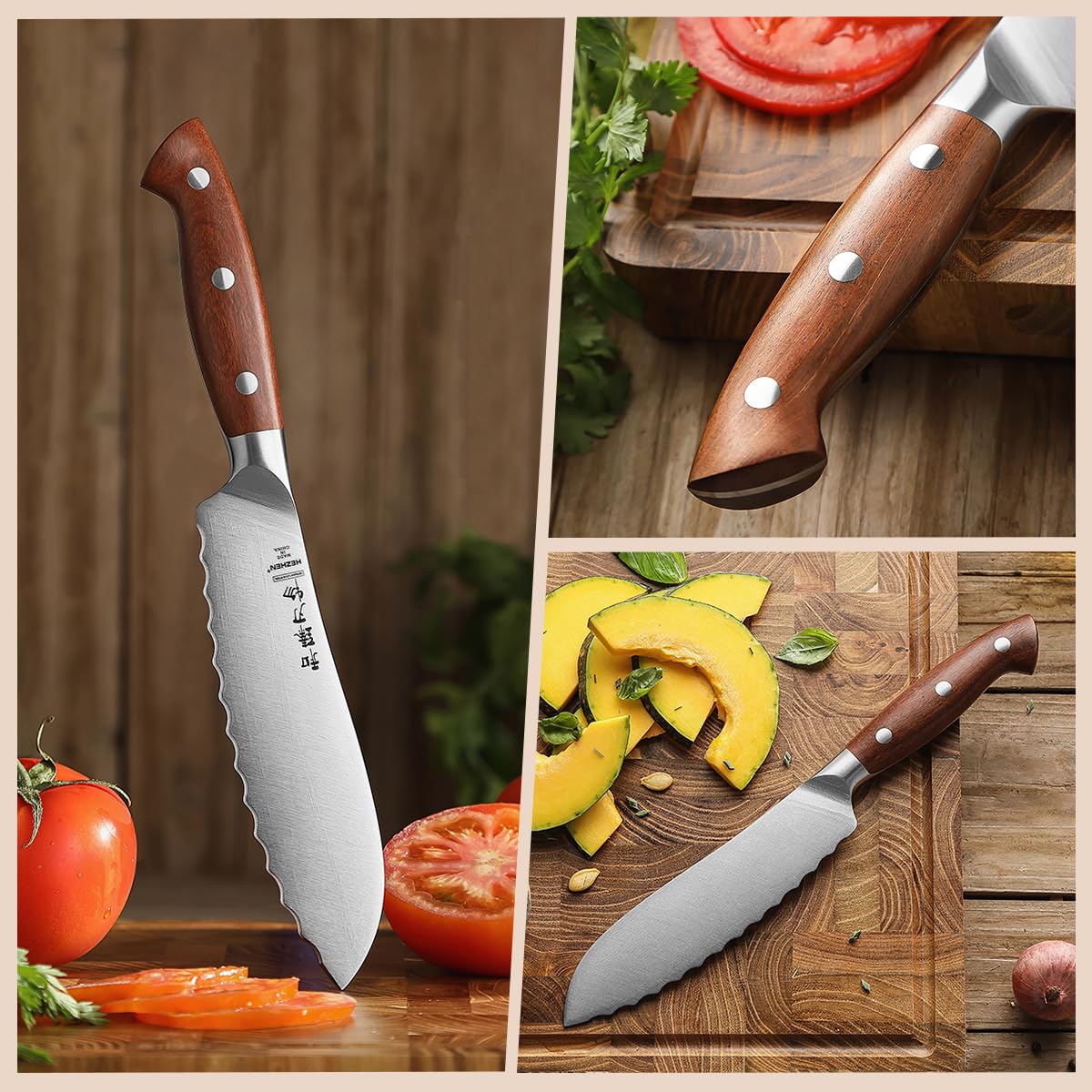 HEZHEN Profi Tomatenmesser Rostfreier Stahl, Wellenschliff Hartstahl Auberginenmesser, Scharfe Gezahnte Klinge Brotzeitmesser, Frühstücksmesser Full Tang Holzgriff