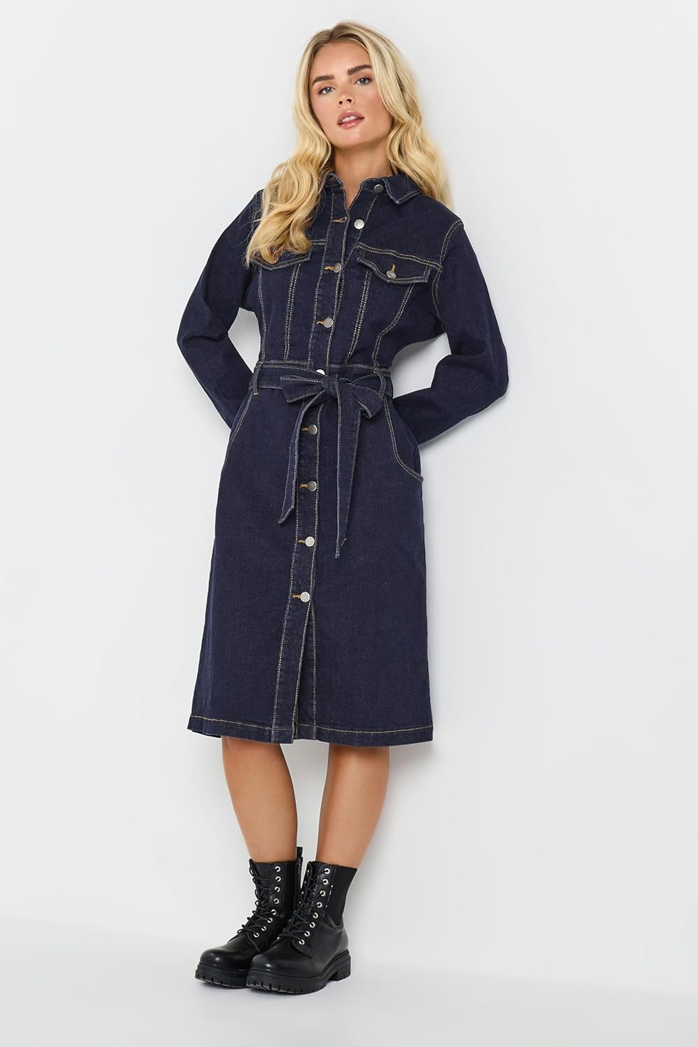 M&Co Women's Petite Button Through Denim Midi Dress Indigo