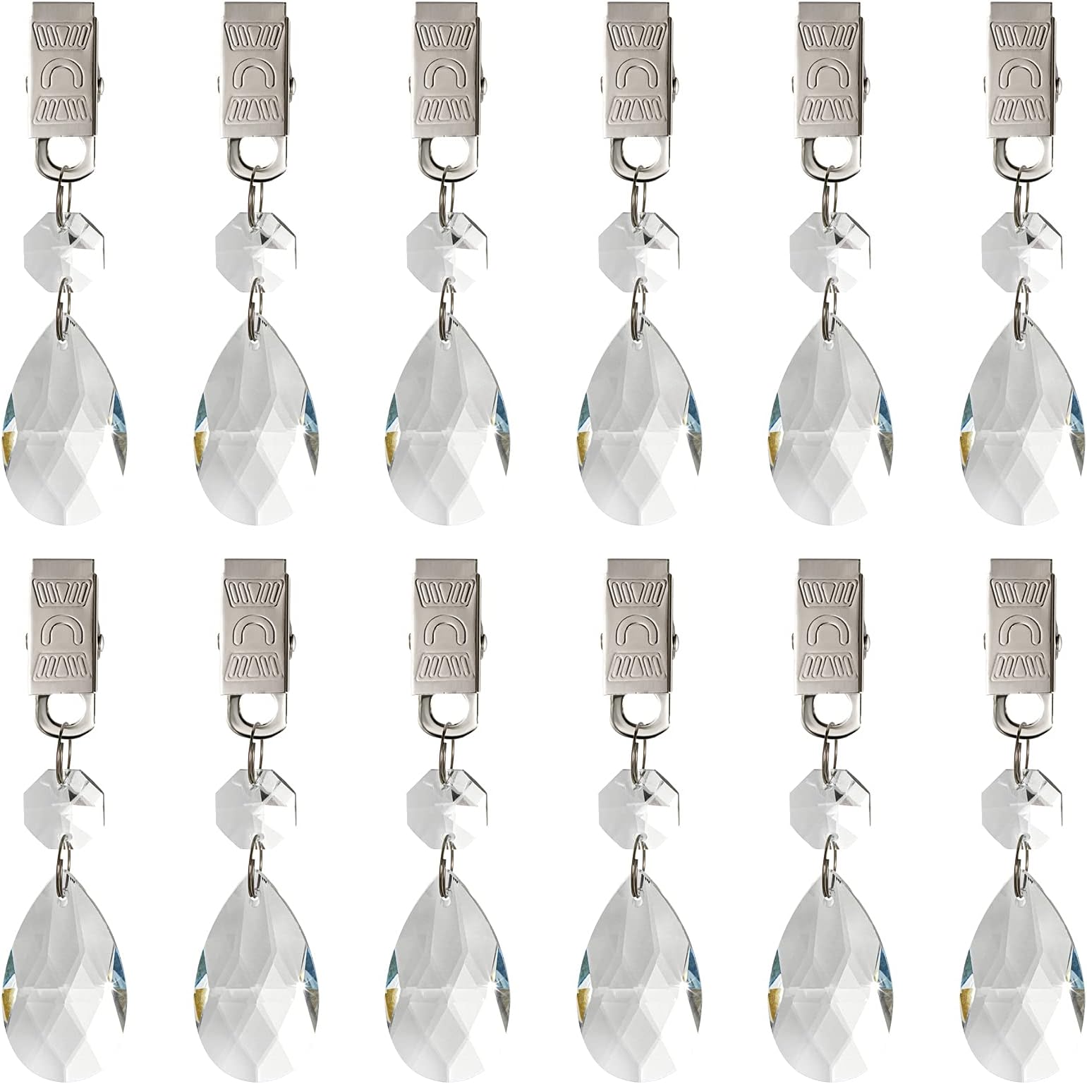Lystaii 12pcs Tablecloth Weights Set with 12pcs Metal Clip Kit, AB Crystal Teardrop Pendant Glass Tablecloth Weights Heavy Outdoor Prisms Pendants for Home Decoration Picnic Tables Christmas (38mm)