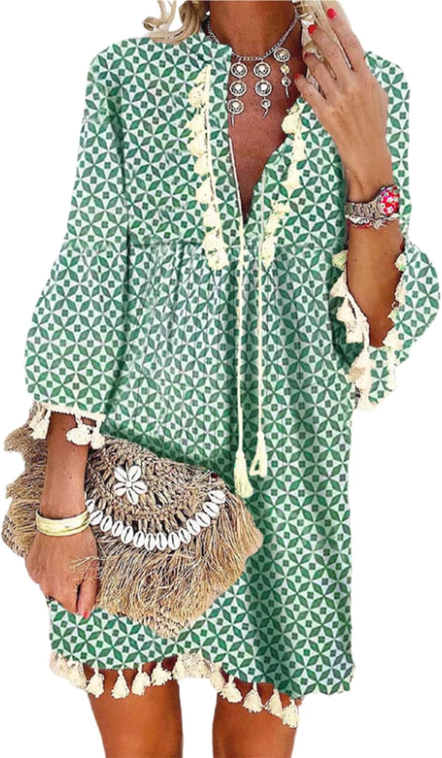 yoeasy Women Print V Neck Tassel 3/4 Sleeve Knit Shift Dress Bohemian Casual Knee Length Dress