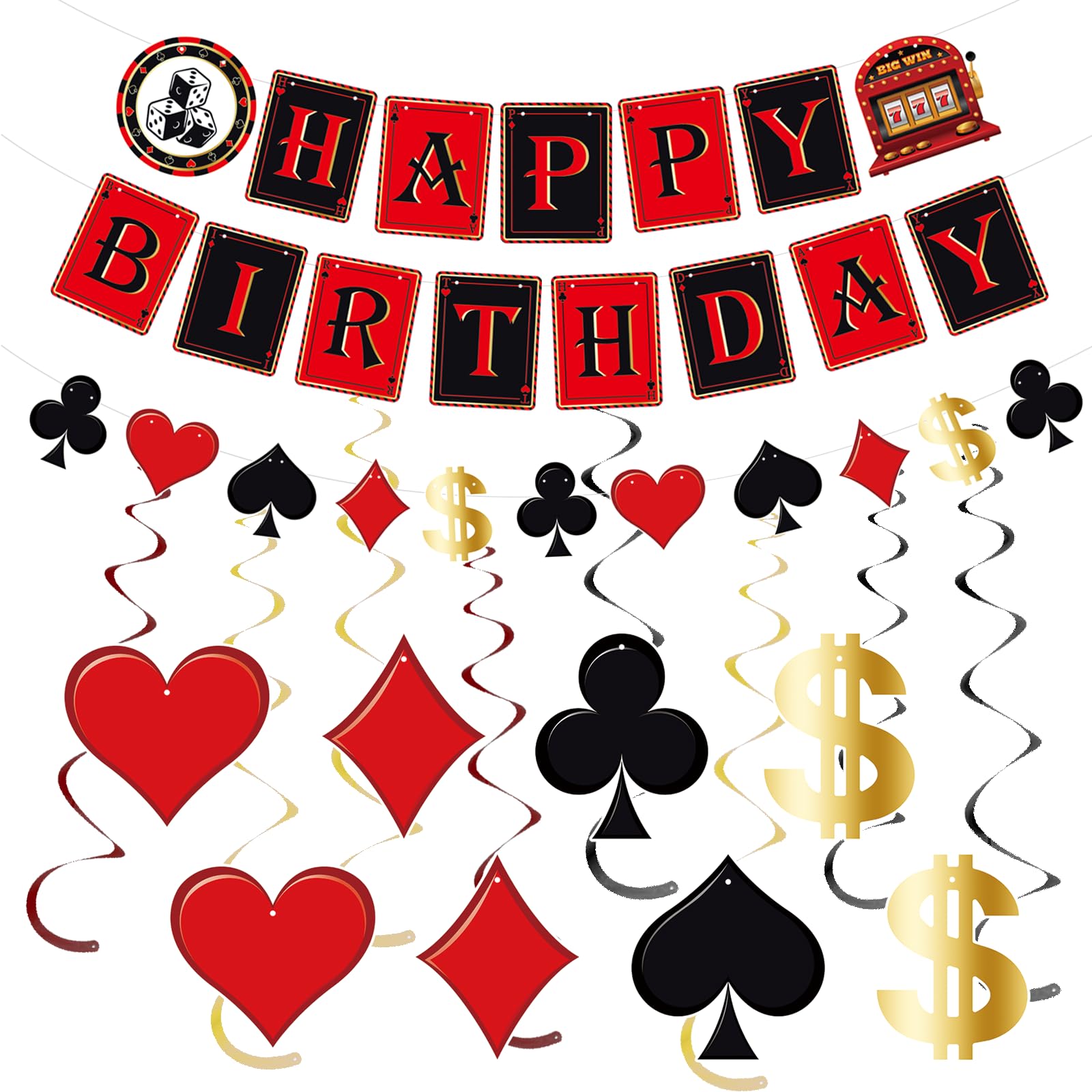 GOGOBAY Pre-Strung Casino Theme Party Decorations - 11PCS Casino Happy Birthday Banners Red Black Poker Birthday Party Decorations Casino Hanging Swirl Decor Supplies Casino Games Birthday Party