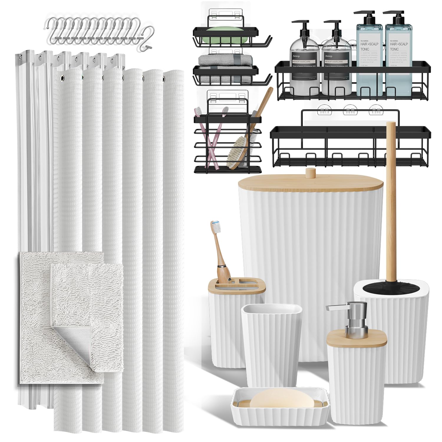 Shower Caddy and Bathroom Accessories Set with Bath Rugs 27PC Bathroom Accessory Set with Shower Caddies White Bath Rugs, Shower Curtain Set, Toilet Brush, Trash Can, Soap Dispenser, Toothbrush holder