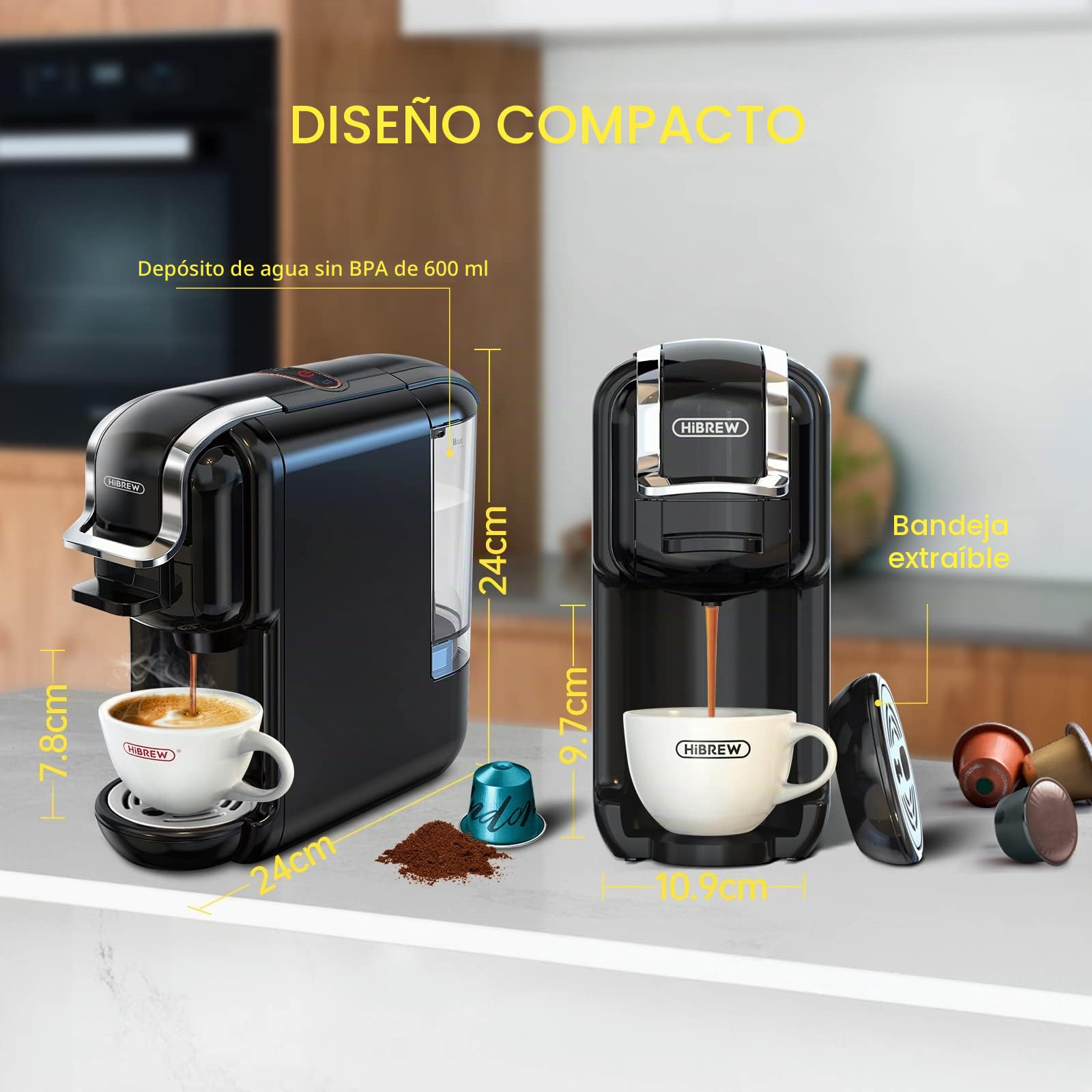HIBREW- Cafetera multicápsula,Cafetera espresso,Apta para múltiples variedades de café,compatible capsulas DG nes ese pod polvo de café,600ml 1450W,19 Bares…