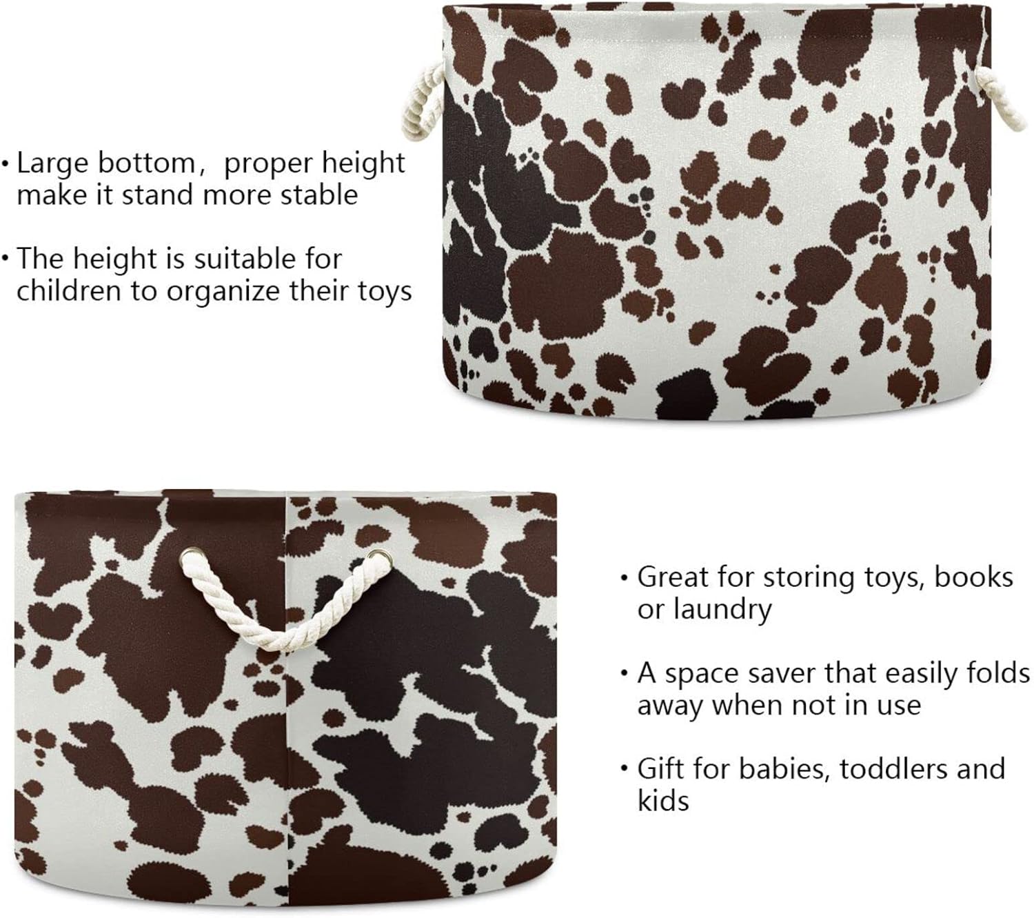 Kigai Cow Print Round Storage Basket with Cotton Rope,Large Collapsible Laundry Basket Blanket Toy Clothes Storage Bin for Bedroom Bathroom Nursery