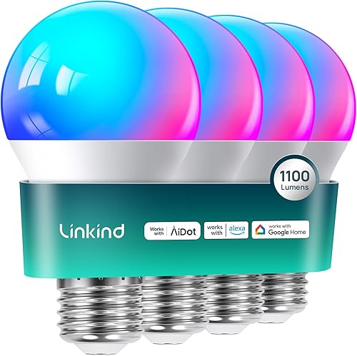 Linkind Bombillas inteligentes, bombilla inteligente de 1100 lm (equivalente a 75 W), funciona con Alexa y Google Home, bombillas RGB que cambian de