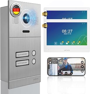 Mathfel 2-Draht IP Video-Türsprechanlage mit Türöffner – Full-HD Kamera, 10" Monitor & App-Steuerung – Smarte Video-Türklingel mit Gegensprechanlage (Silber, 2 Klingeltaster)