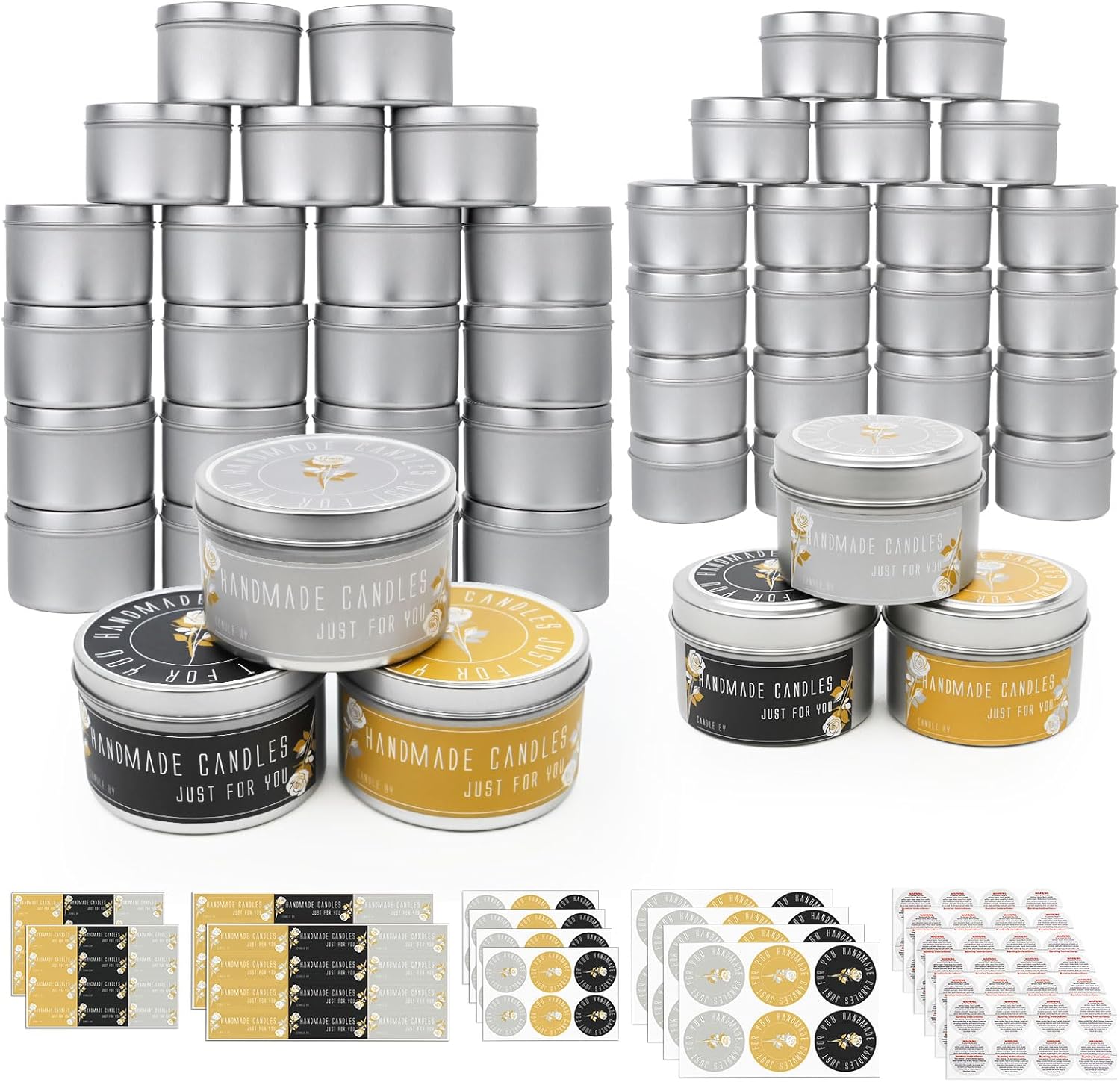 CONNOO 48 Pack Candle Tins - 24 Pack 8 OZ & 24 Pack 4 OZ Premium Matte Sliver Bulk Empty Candle Containers with Sticky Labels and Lids, Candle Jars for Candle Making, Storage, Arts & Crafts, and Gifts
