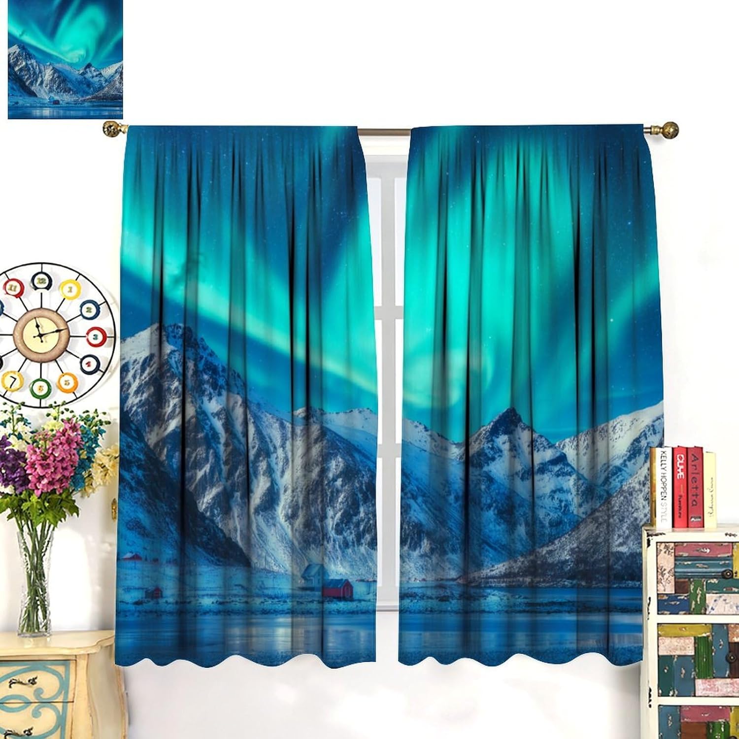Iceberg Aurora Curtain, Natural Glacial Lakes Stars Northern Lights Landscape Patterns Blackout Windows Treatments, Thermal Insulated Drapes for Boys Girls Kids Living Room Bedroom 42x54in
