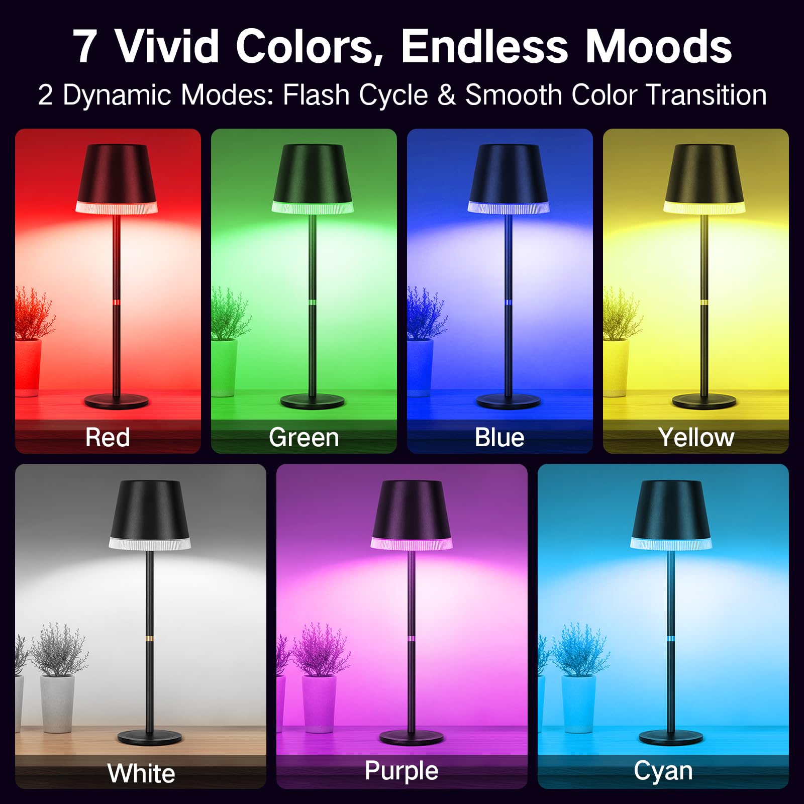 OUTON Lámpara de Mesa Inalámbrica con 3 Modos de Luz y RGB, LED Recargable con Control Táctil, Regulable y Memoria, Impermeable IP54 para Dormitorio, Bar y Café, Negro