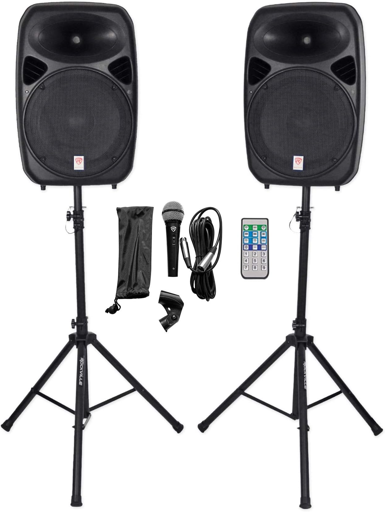 RPG152K Pair 15" Powered DJ/PA Speakers with Bluetooth/USB/SD, (2) Rugged Tripod Speaker Stands, Wired Microphone, Connection Cables
