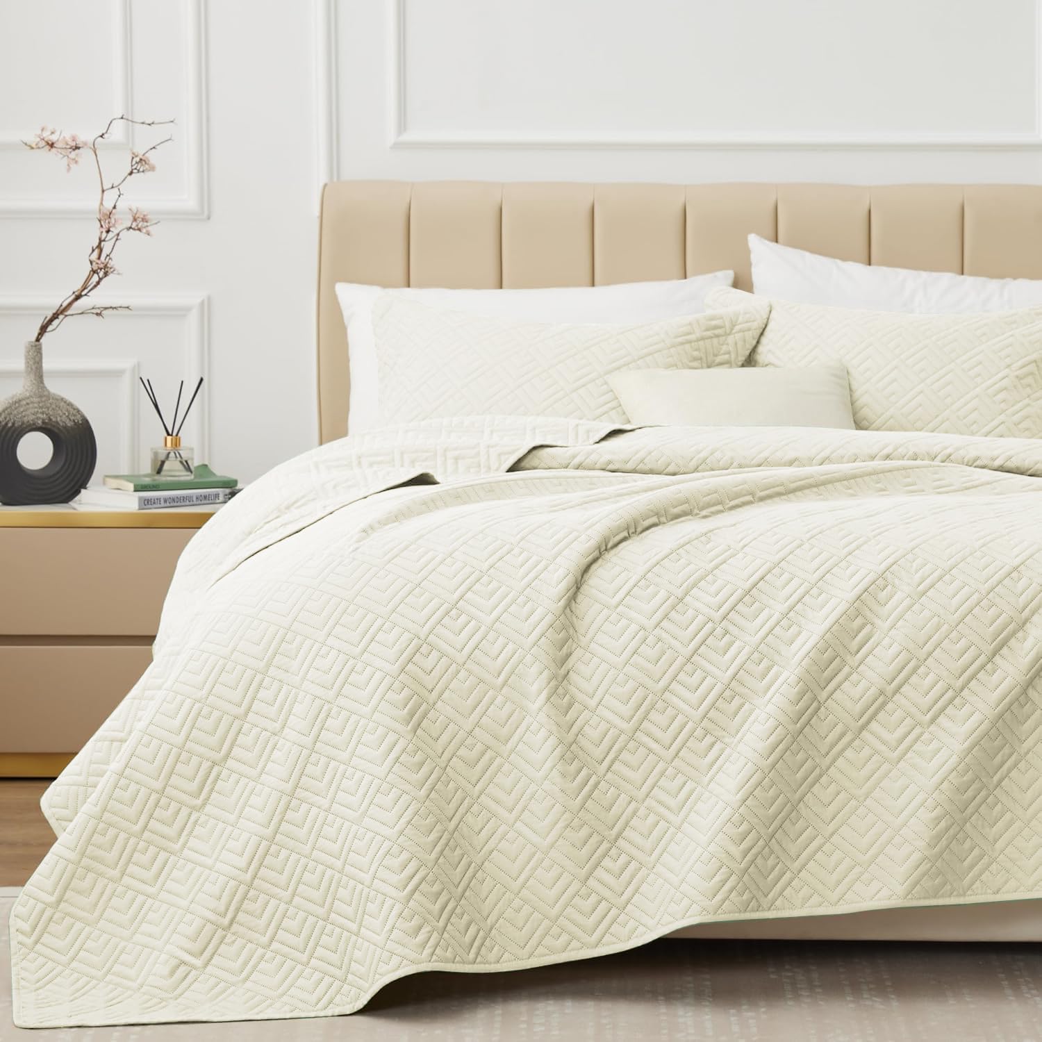 SANMARINO Solid 100% Cotton Bedspread Set – 280 TC, Ultrasonic Quilted, Soft & Lightweight, King Size (90x100 in/254x228 c