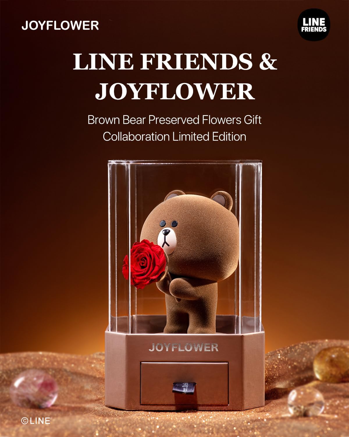 Line Friends Brown Bear Holding Preserved Flowers, Eternal Real Rose Romantic Gift with Acrylic Cover & Gift Box for Girlfriend Wife Her in Valentine's Day, Birthday, Weddings, Anniversary, Christmas - Image 2