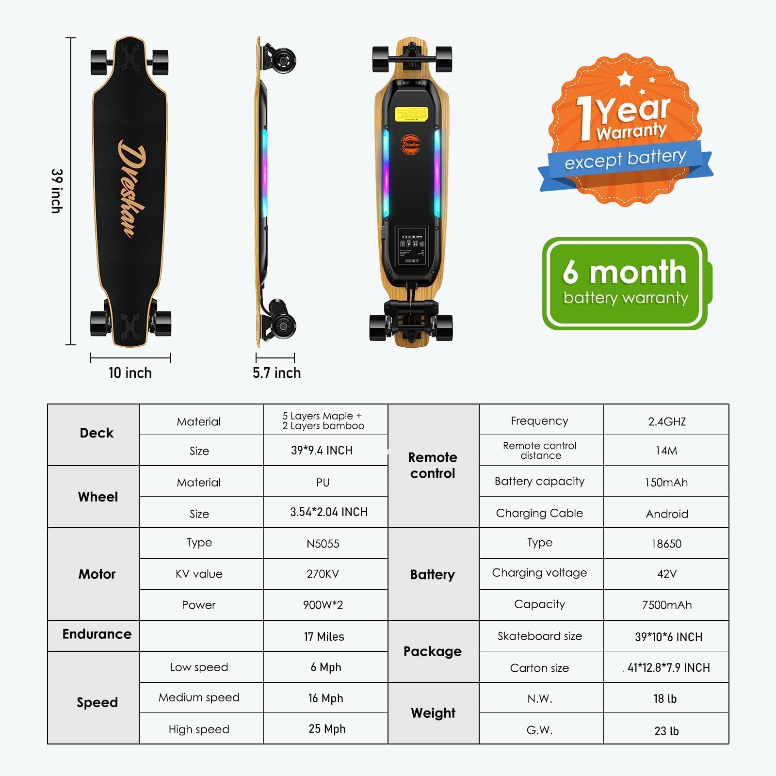 DresKar FT001 Electric Skateboard 1800W Dual Motors with Remote Control