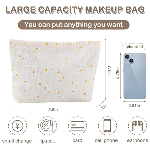Miniatura 4 de ZLFSRQ Bolsa de maquillaje de flores de margarita, bolsas de cosméticos florales lindas para mujer, bolsa grande de aseo blanca con cremallera,