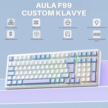 Aula F99 Mechanical RGB GrayWood V4 Switch 3 Modes Wireless Macro Hot Swap Turkish Q Keyboard Blue