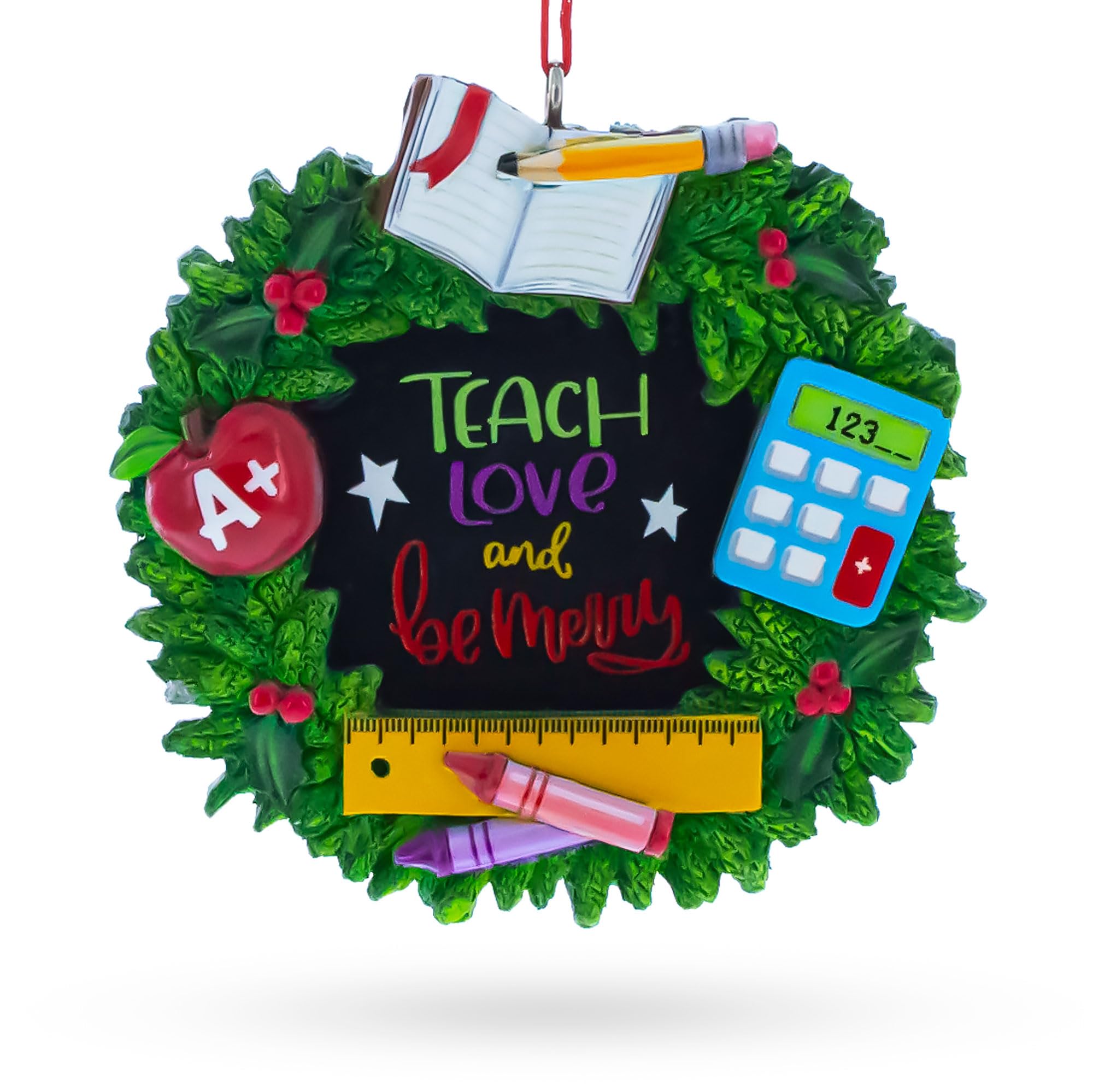 Couronne de Noël en résine avec règle et crayons pour décoration d'enseignant