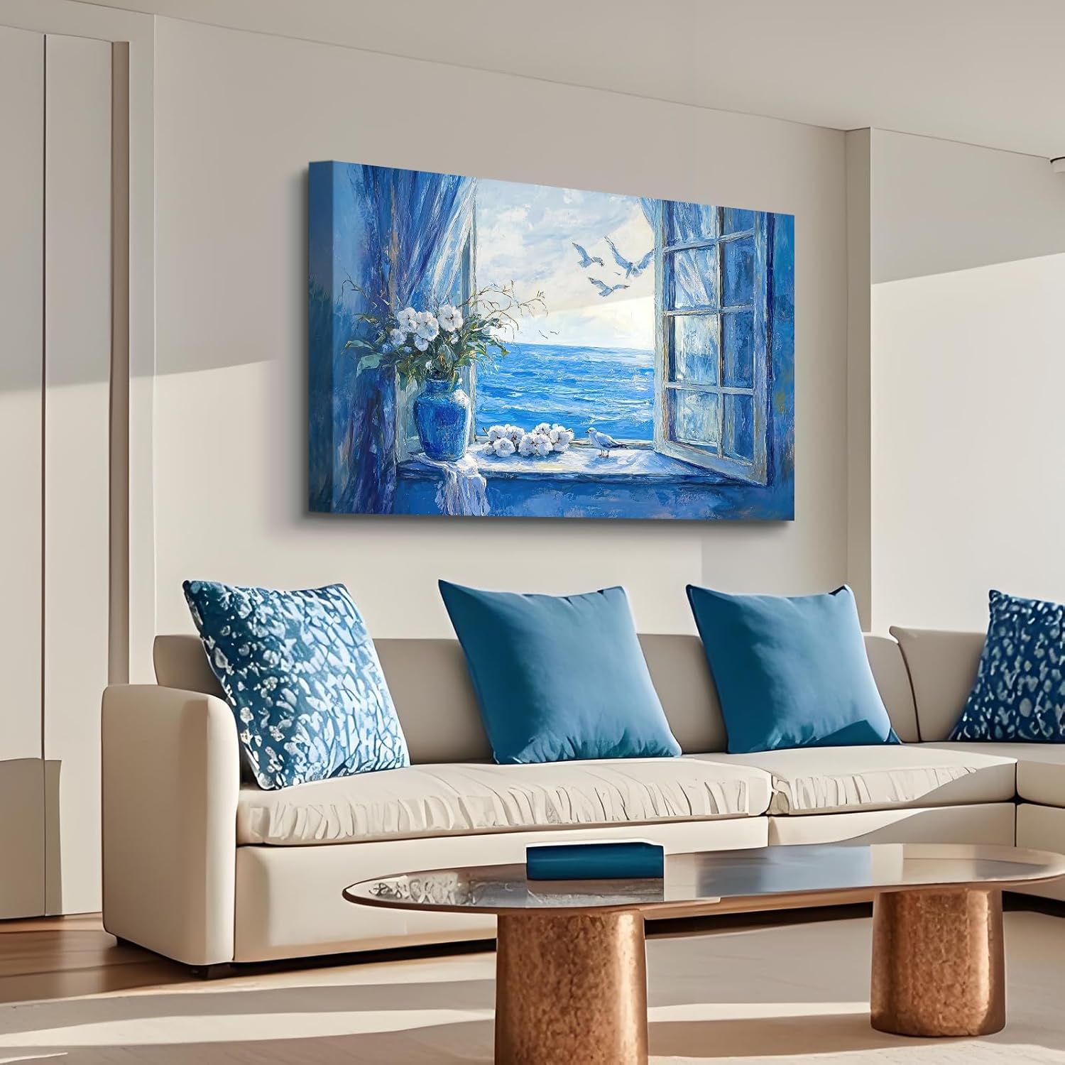 Craftline - Rustic Bathroom Flower Wall Art for Living Room Window Seascape Seaside Scenery Painting Picture Canvas Prints for Bedroom Seagull Ocean Poster Framed Artwork Wall Decor 16x12Inch