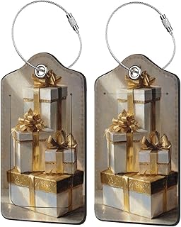 Wrapped Gifts with Gold Ribbons Bows Luggage Tag for Suitcase 2 Pack Leather Luggage Tag with Privacy Flap Name Id Label and Metal Loop for Women Men Travel