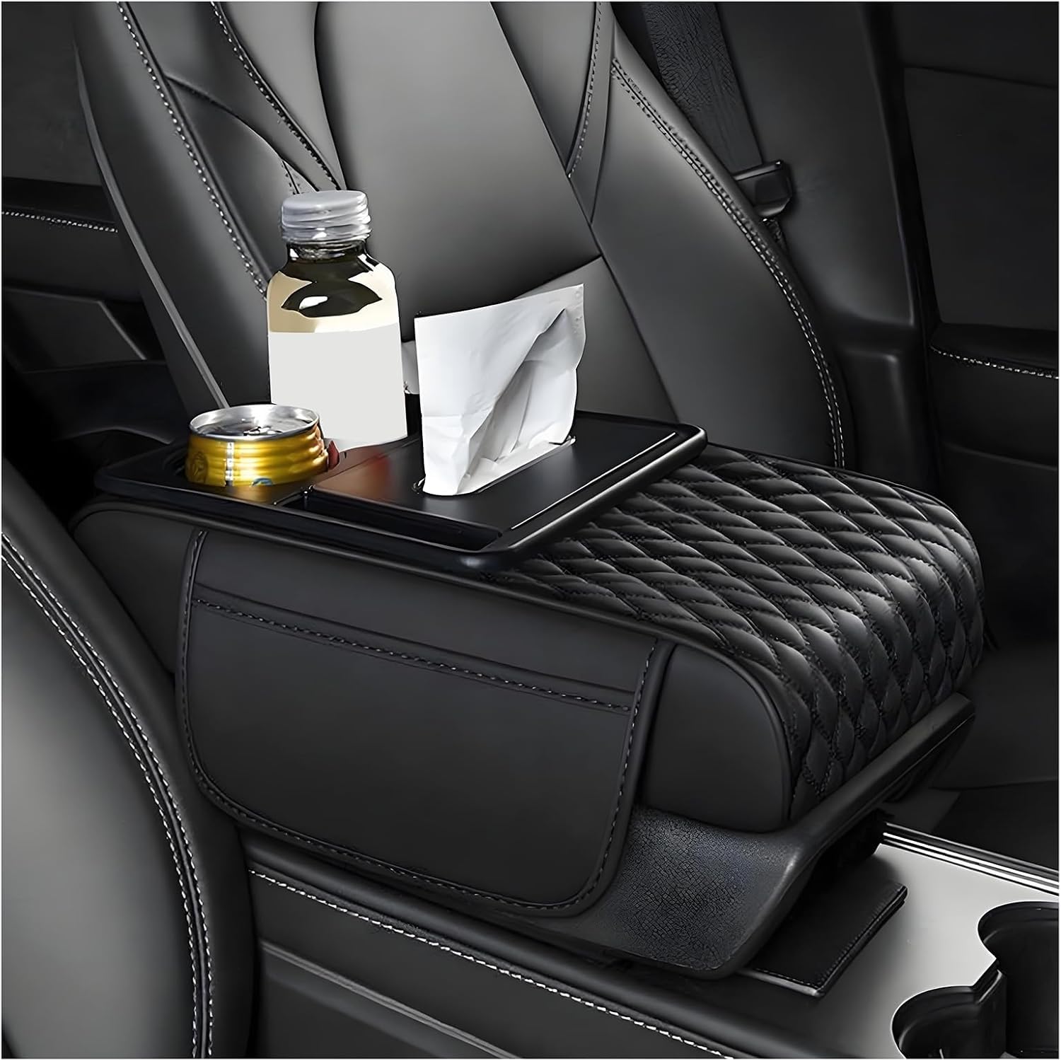 LHMM Car Center Console Cover for Peugeot 4007 4008 5008 504 508, Car Armrest Cover Cushion with Tissue Box and Cup Holder,Black