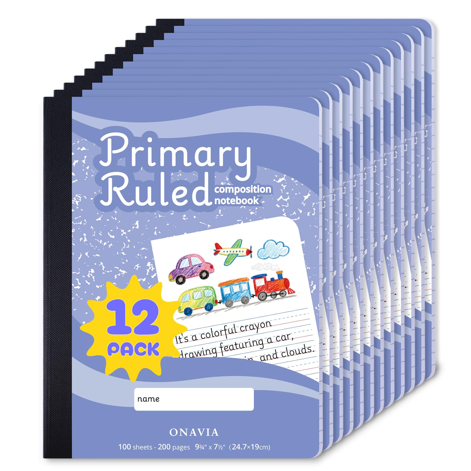 ONAVIA Primary Composition – Lot de 12 carnets de notes K-2, journal ligné primaire avec espace photo, 100 feuilles, 24,5 x 19,5 cm, carnets en marbre en vrac pour l'école, les enfants, le dessin de