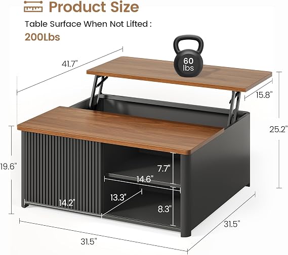 SEDETA 31.5 Lift Top Coffee Table with Storage, Square Coffee Tables for Living Room, Fluted Coffee Table with Large Hidden Storage Compartment and Adjustable Shelves, Fluted Black