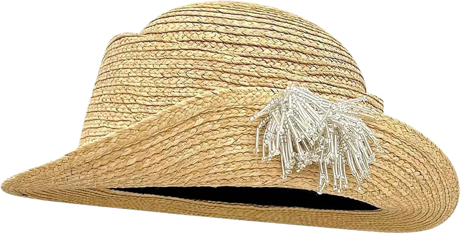 Women's Woven Straw Sun Hat, Rolled Brim with Crystal Beaded Fringe, Elegant French Retro Style, Spring & Summer