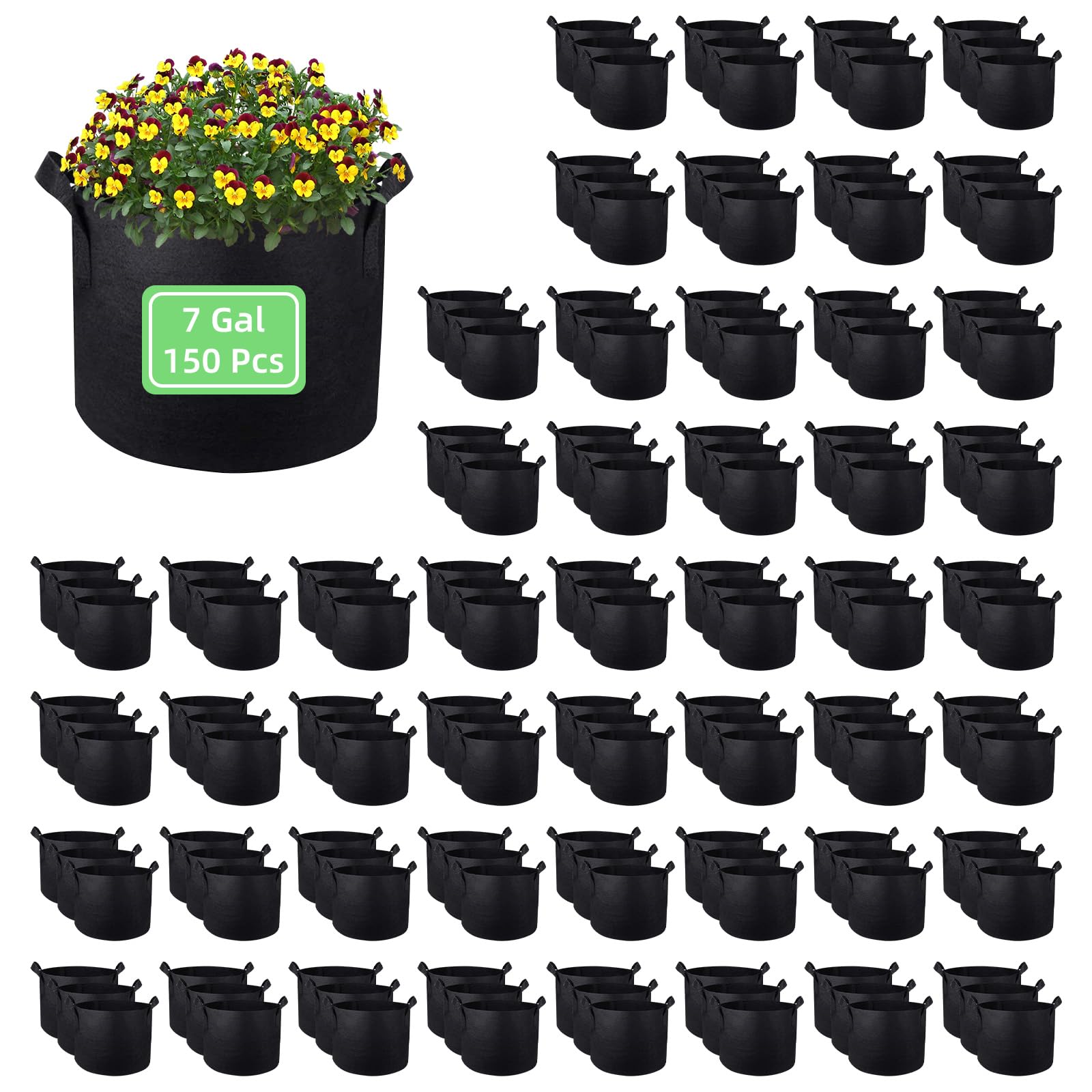 Confezione da 150 sacchetti per la coltivazione di piante da 7 galloni, in tessuto ispessito, aerazione, con manici, resistenti, per piante, patate, verdure, fiori (7 galloni)
