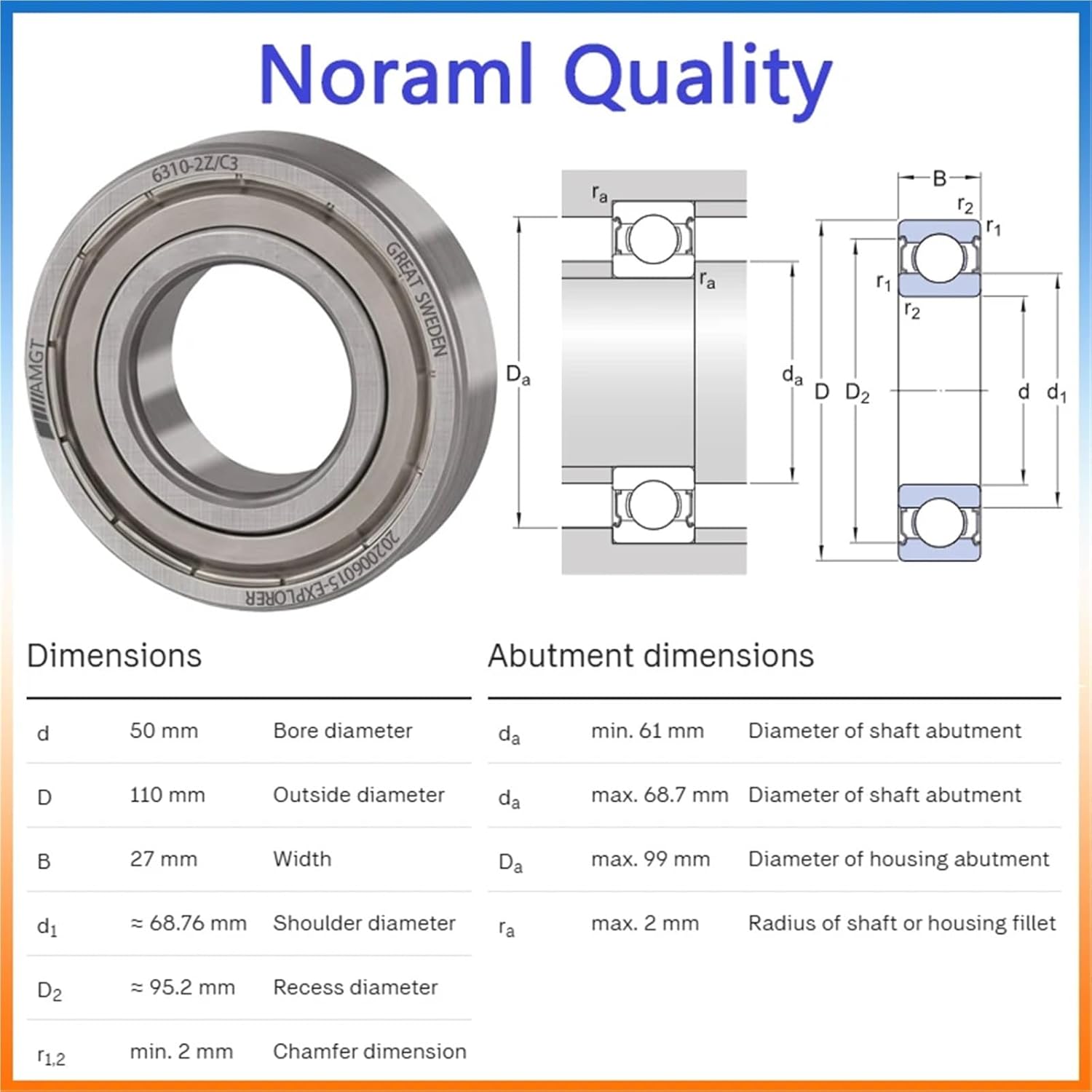 1Pcs Bearing 6310 6310-2RS 6310-2Z 6310-2ZN 6310NR 6310-2RSNR Deep Groove Ball Bearing(6310-2ZC3)