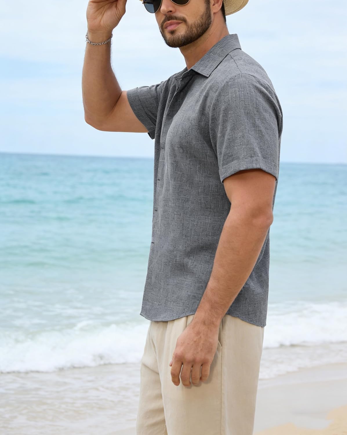 Mens Linen Shirts Short Sleeve Casual Shirt Button Down Summer Beach Vacation Tops Men Casual Dress Shirts Breathable - Image 4